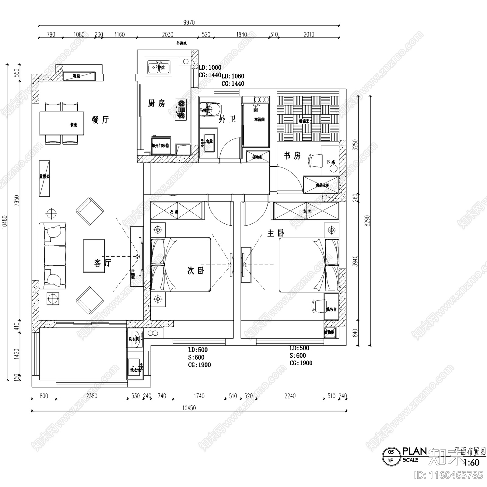 北欧简约绿地华尔道三室两厅一卫平层室内家装cad施工图下载【ID:1160465785】