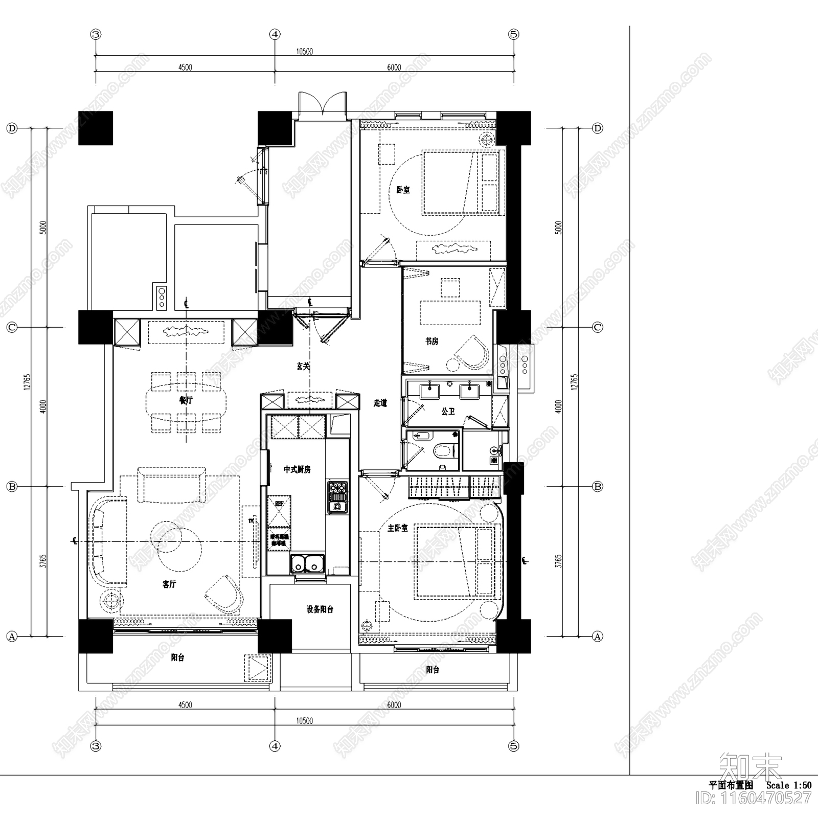 现代简约上海东樱三室两厅平层室内家装cad施工图下载【ID:1160470527】