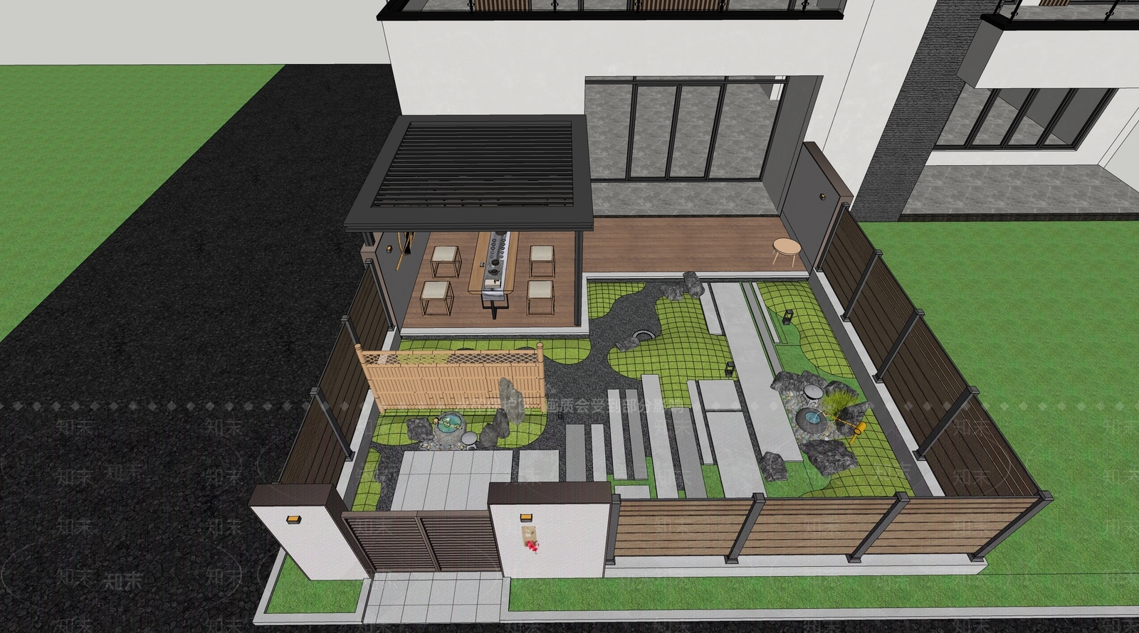 现代禅意别墅庭院景观SU模型下载【ID:1160478614】