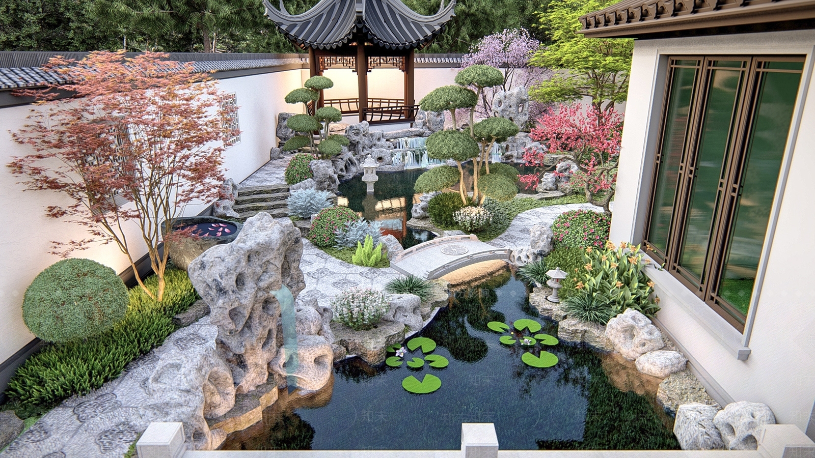 中式庭院花园景观SU模型下载【ID:1160484659】