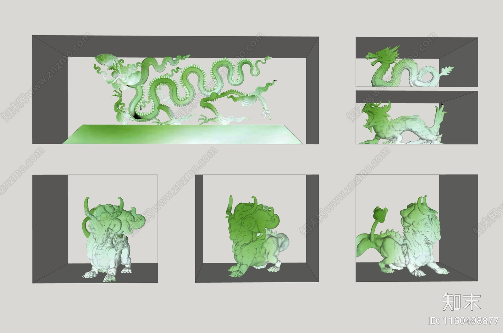 新中式龙狮子翡翠雕塑摆件SU模型下载【ID:1160498877】