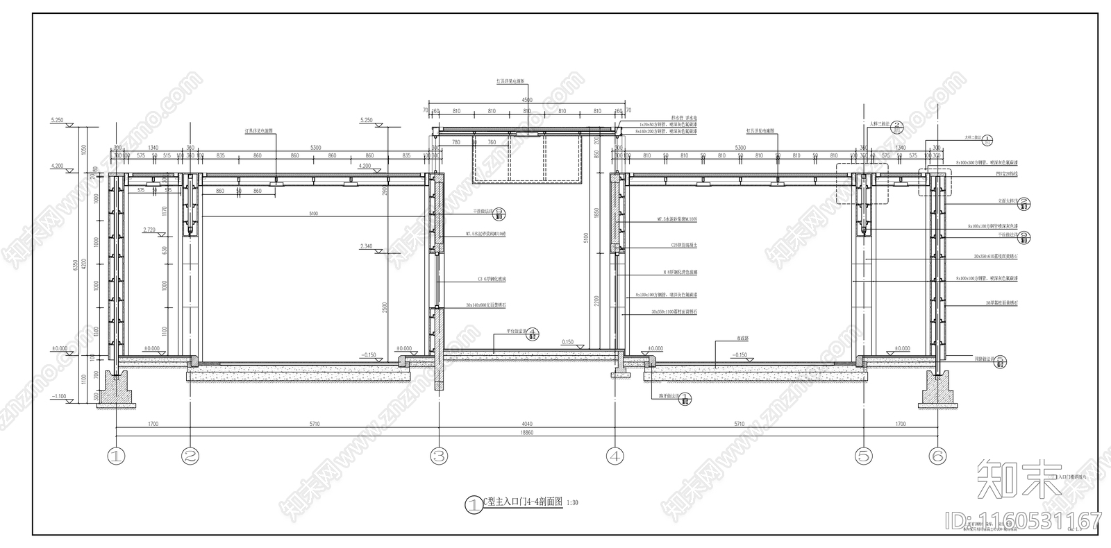 现代小区入口大门cad施工图下载【ID:1160531167】