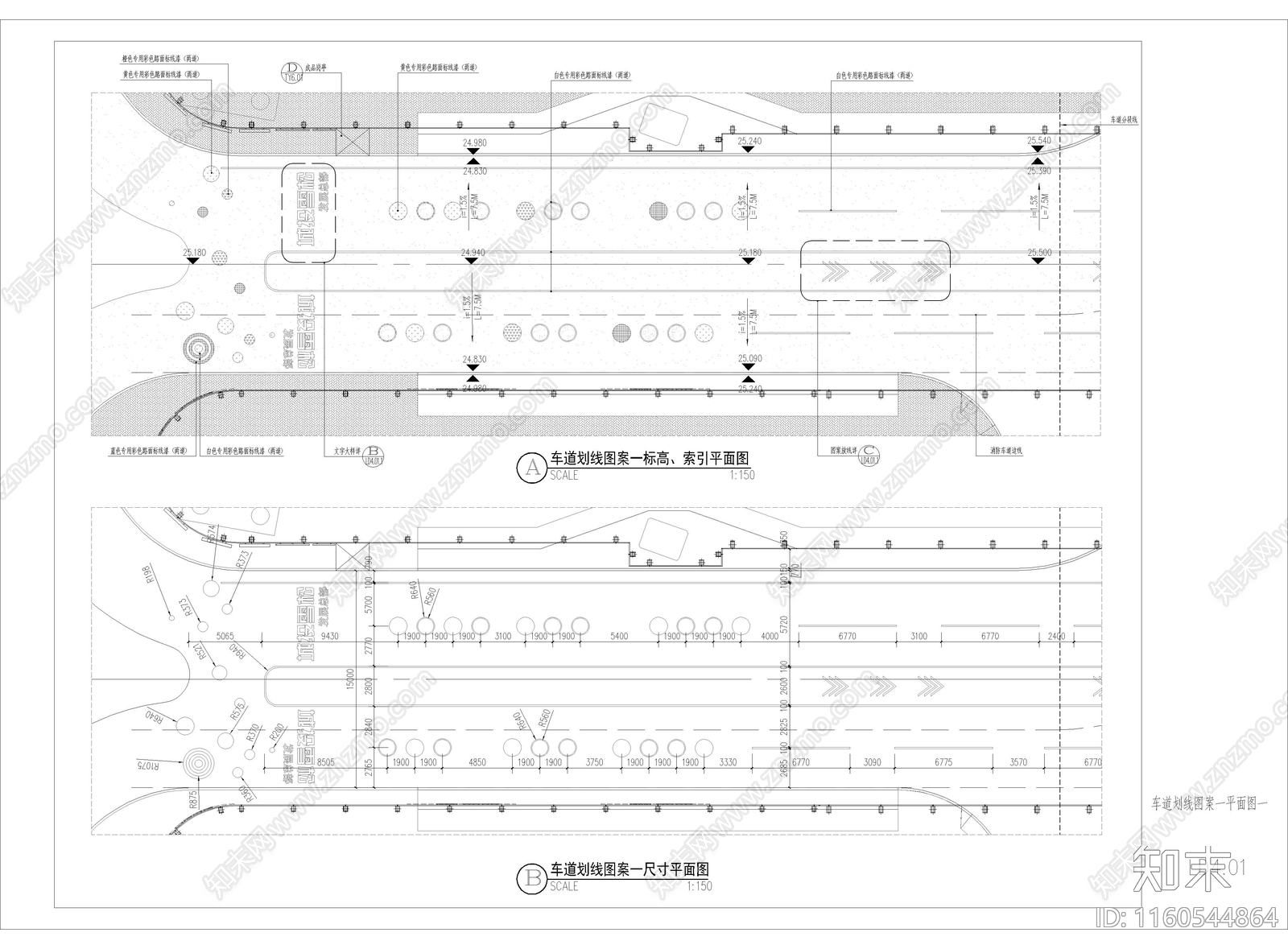 现代停车位及车行路划线图案cad施工图下载【ID:1160544864】