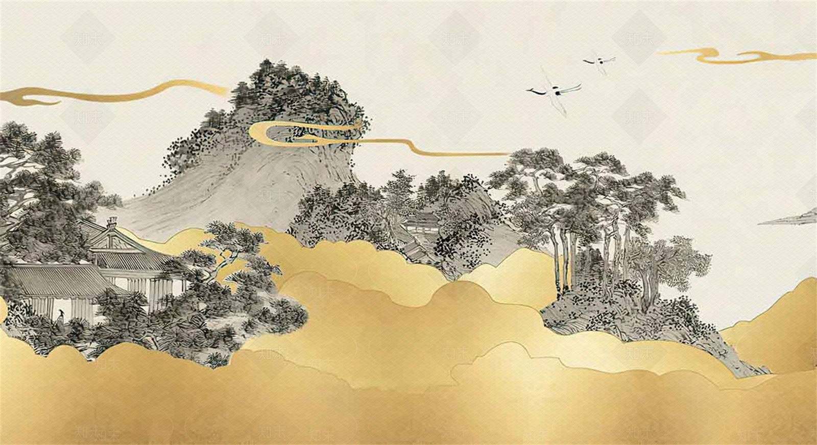 新中式金箔山水装饰画贴图下载【ID:1160546244】