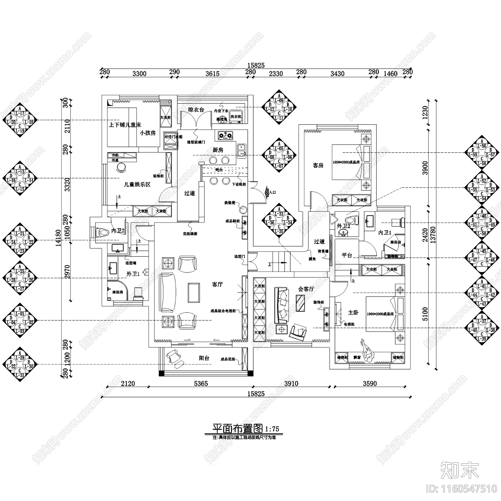 地中海风三室两厅四卫大平层室内家装cad施工图下载【ID:1160547510】