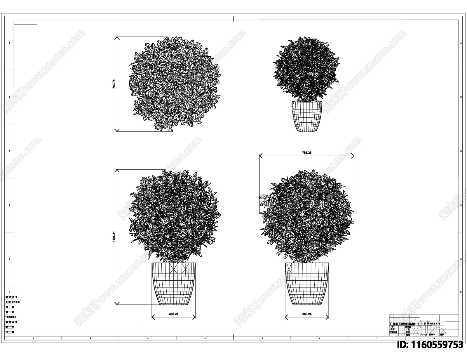 绿色植物盆栽线稿图设计施工图下载【ID:1160559753】