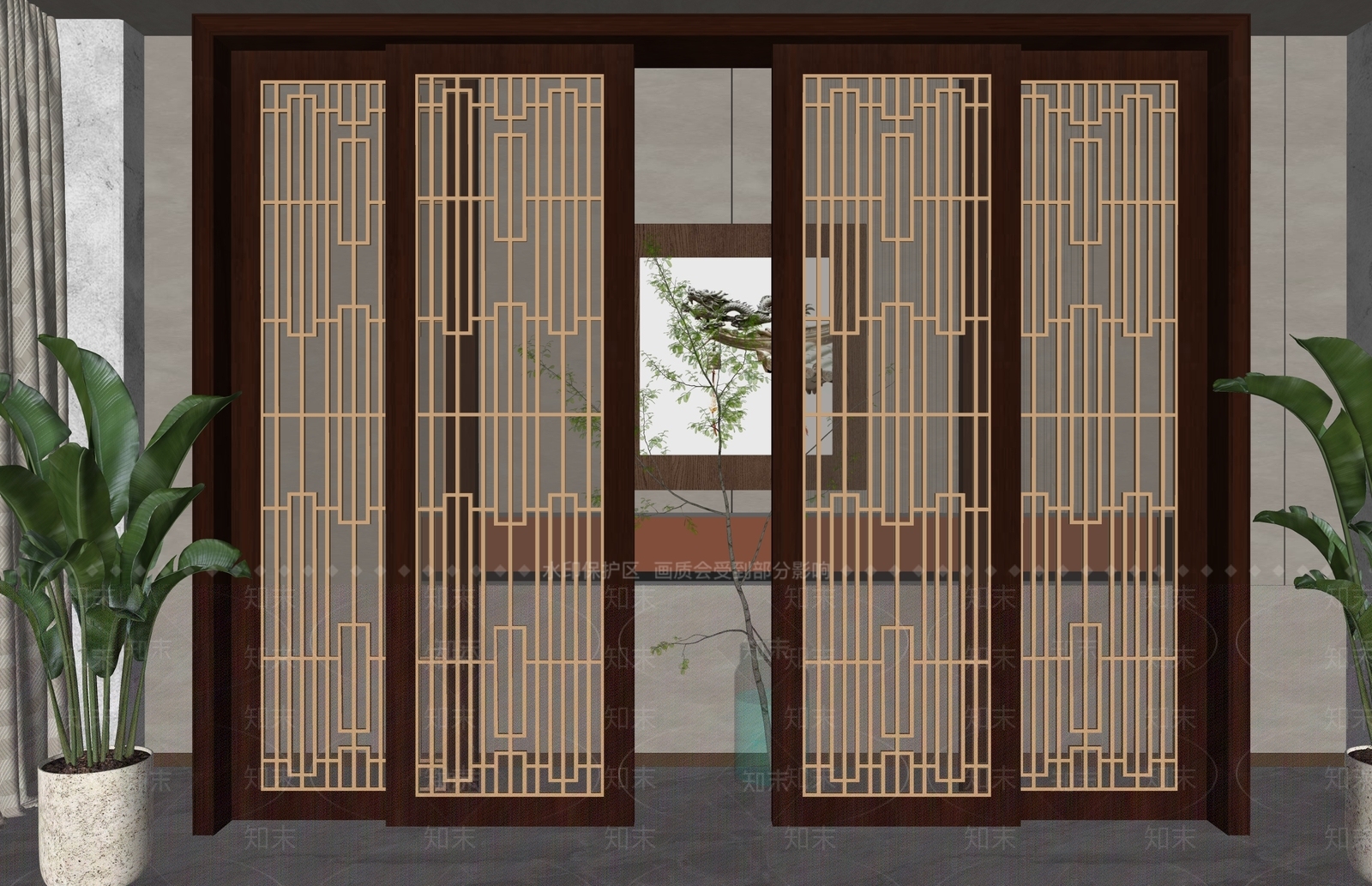 新中式推拉门SU模型下载【ID:1160568135】