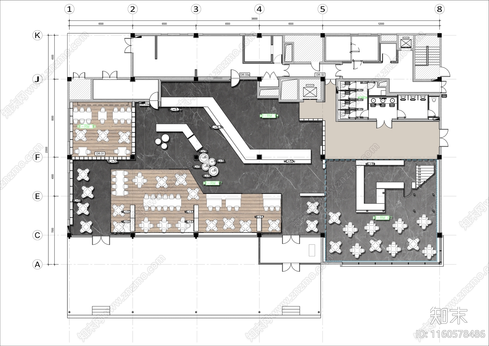 1000㎡酒店西餐厅平面布局方案施工图下载【ID:1160578486】