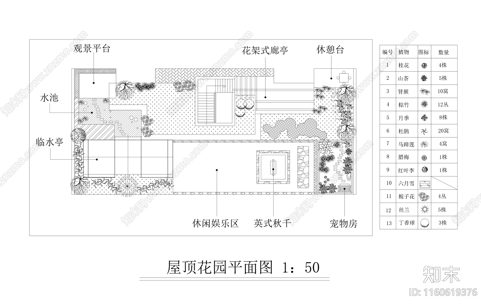 屋面花园平面布置图cad施工图下载【ID:1160619376】