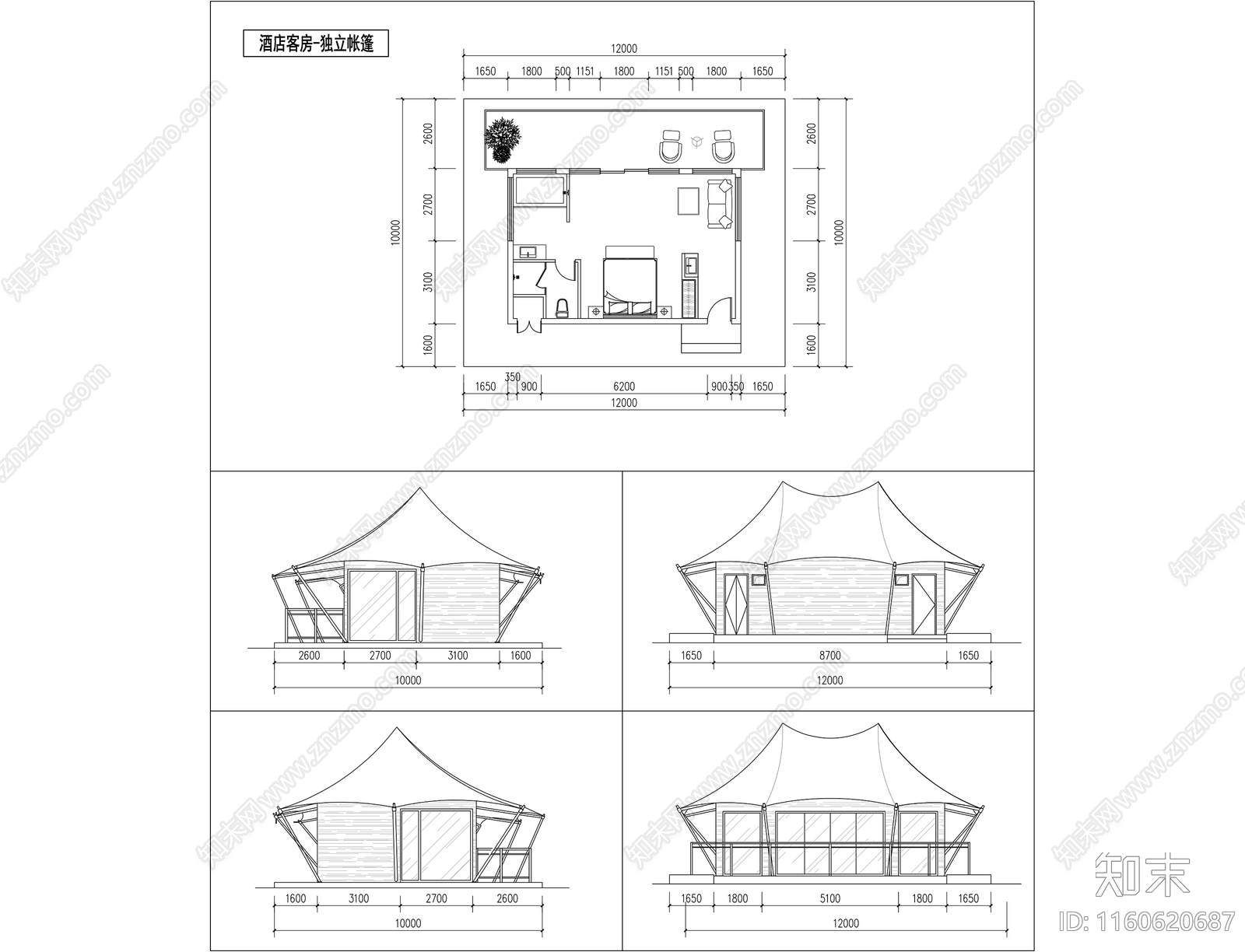 帐篷主题酒店客房cad施工图下载【ID:1160620687】