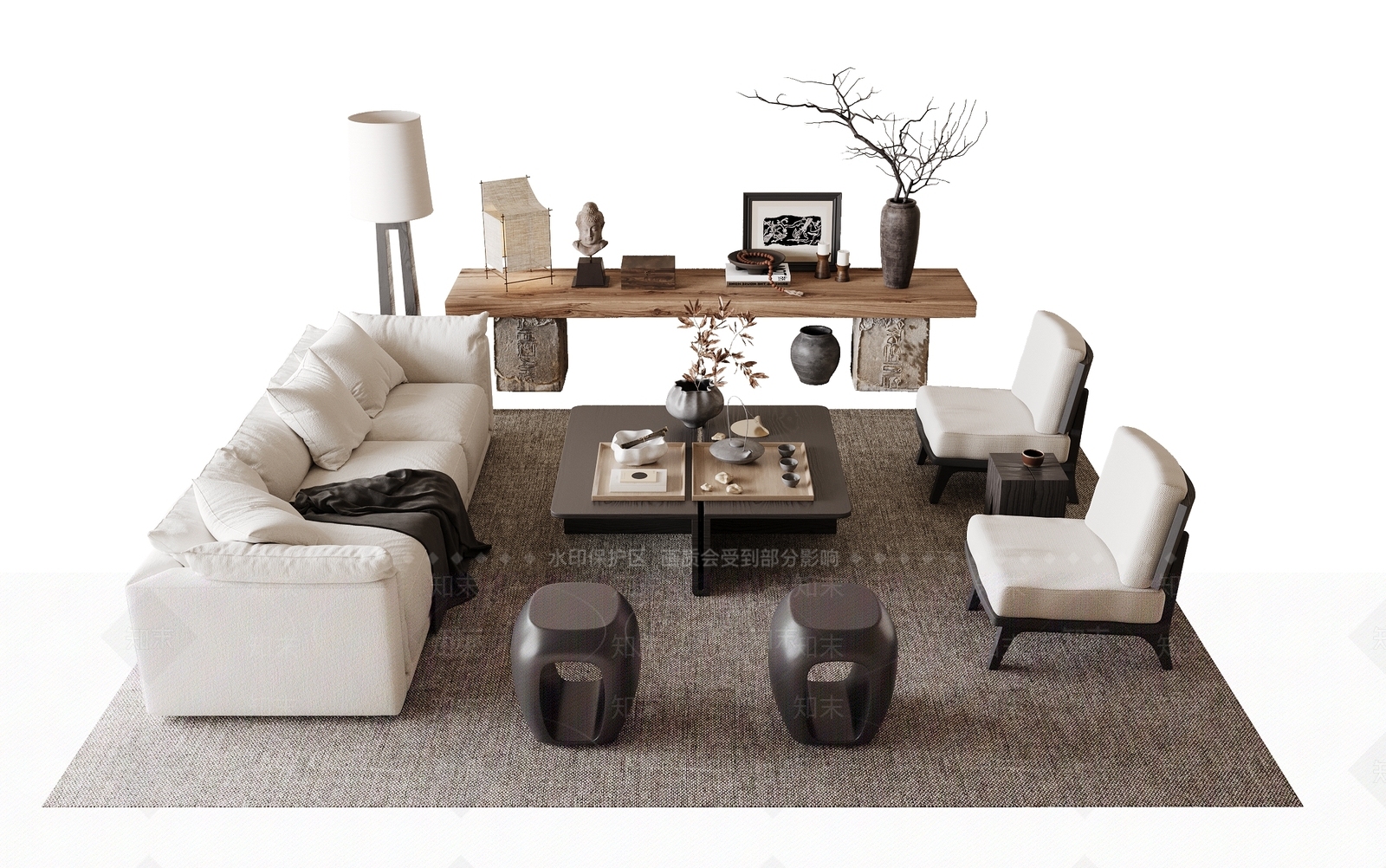 新中式中古风沙发茶几组合3D模型下载【ID:1160621097】