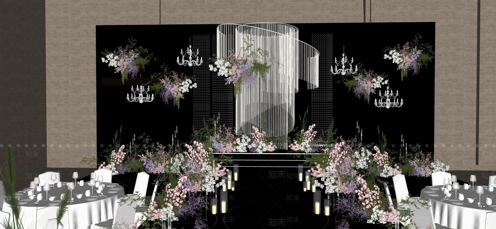 现代小众风线帘婚礼宴会厅SU模型下载【ID:1160633060】