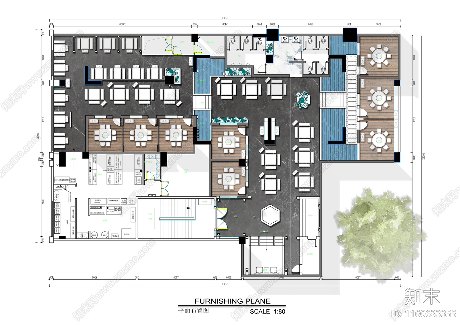 600㎡传统仿古园林火锅店平面布局彩平图施工图下载【ID:1160633355】