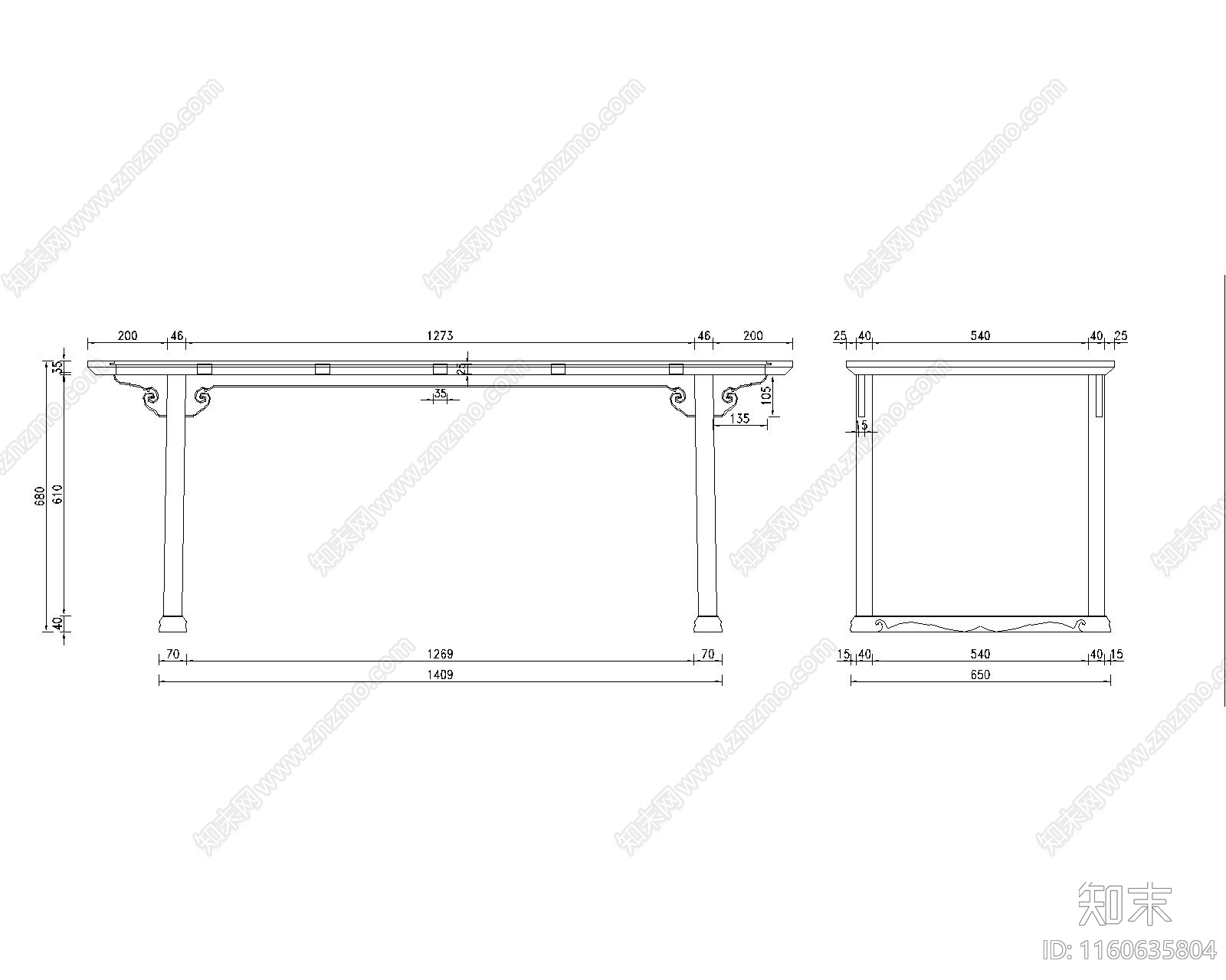 红酸枝曲纹高茶几三视图施工图下载【ID:1160635804】