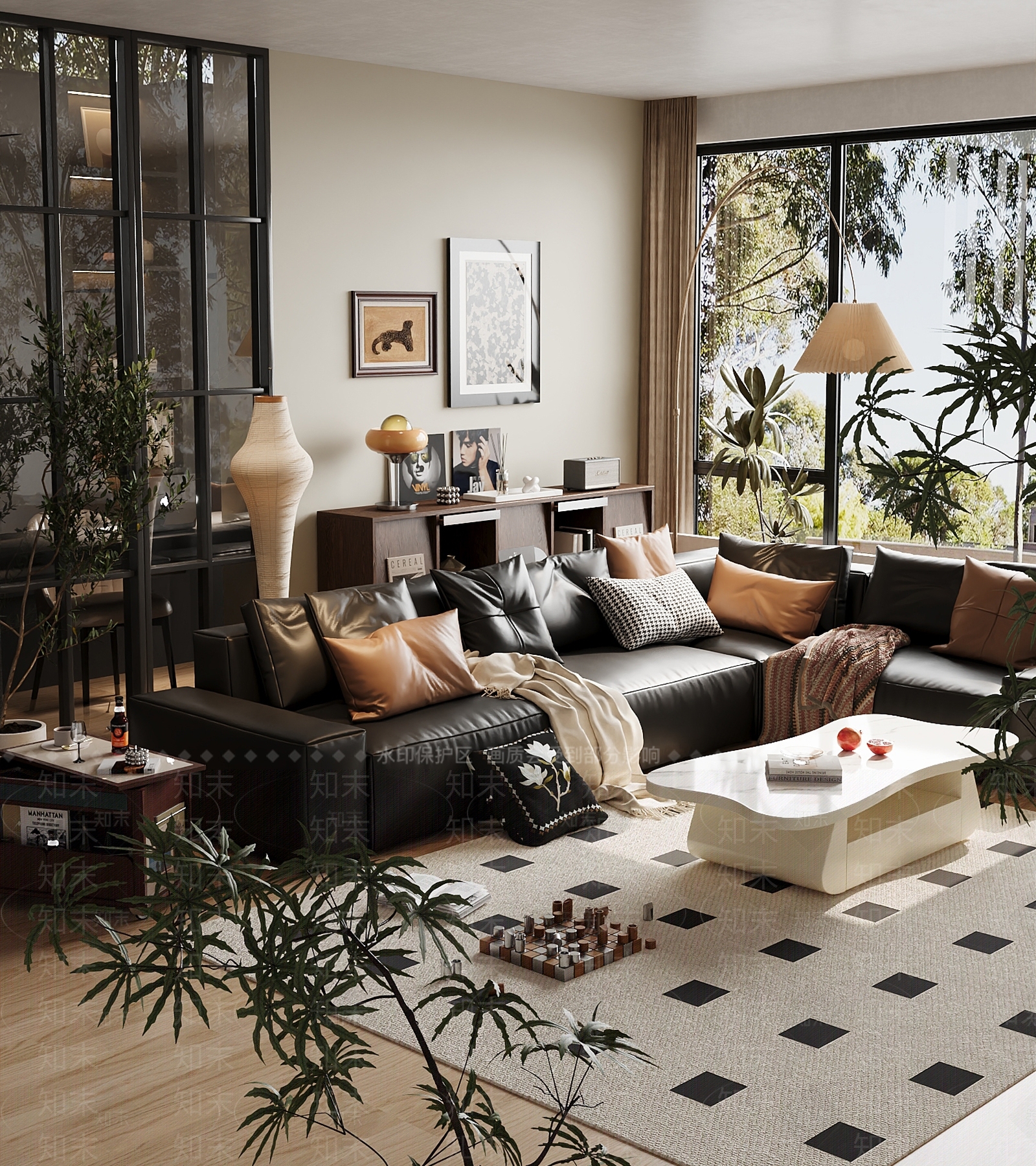 现代中古奶油风多人沙发茶几组合客厅3D模型下载【ID:1160638518】