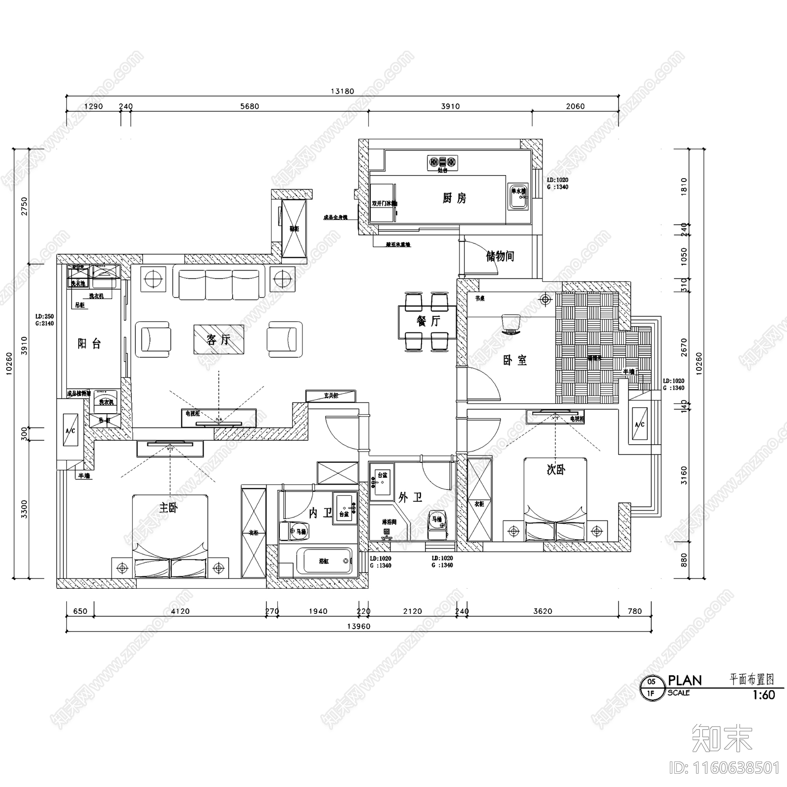 北欧简约新港名仕花园三室两厅两卫室内家装cad施工图下载【ID:1160638501】