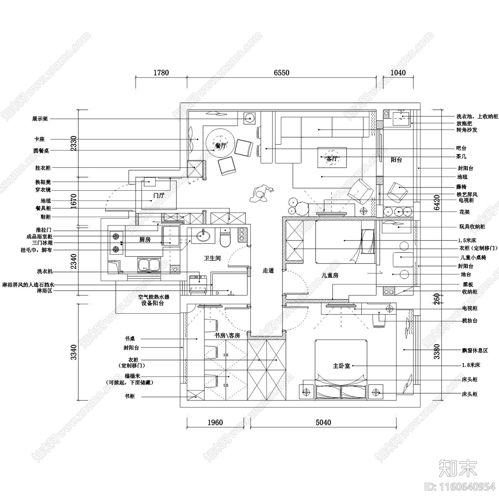 北欧田园风杭州三室两厅一卫平层室内家装cad施工图下载【ID:1160640954】