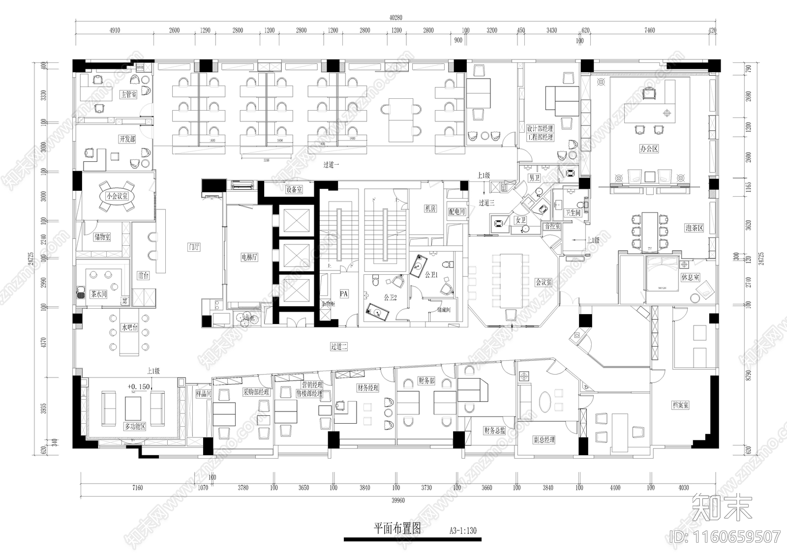 1020㎡办公室cad施工图下载【ID:1160659507】