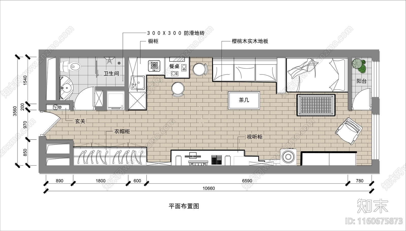 单人公寓平面图cad施工图下载【ID:1160675873】