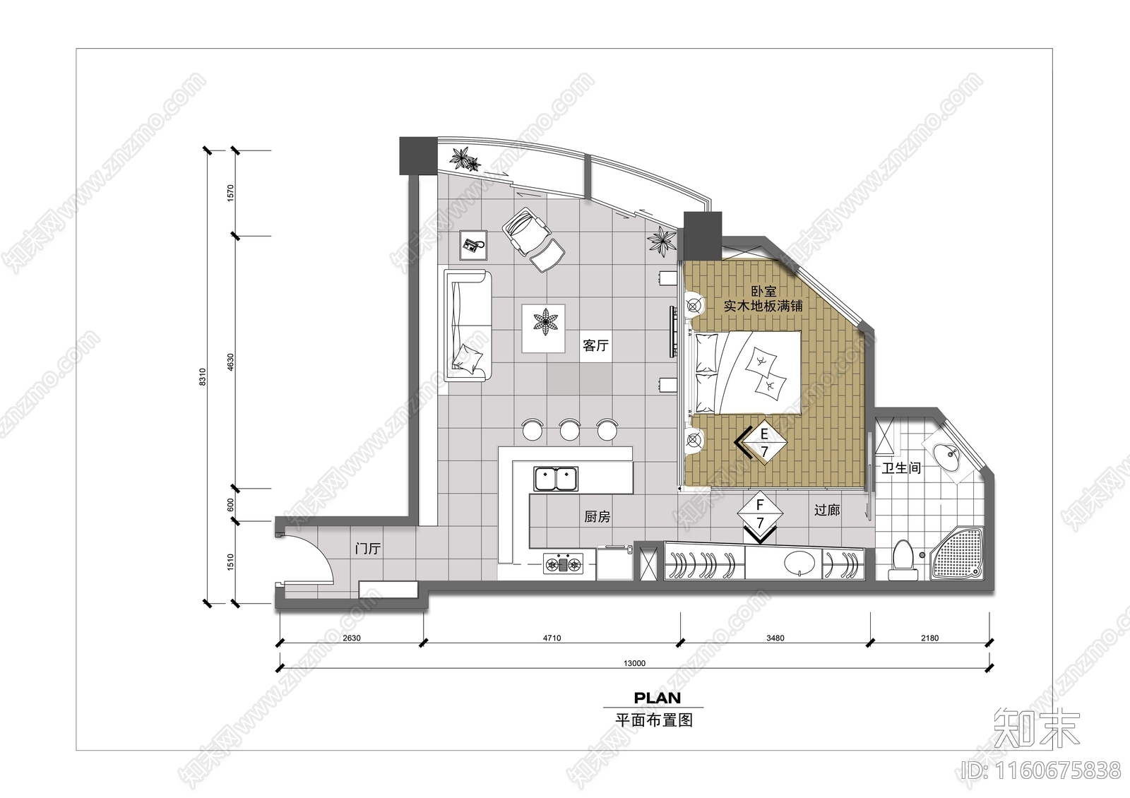 一室一厅家装平面图cad施工图下载【ID:1160675838】