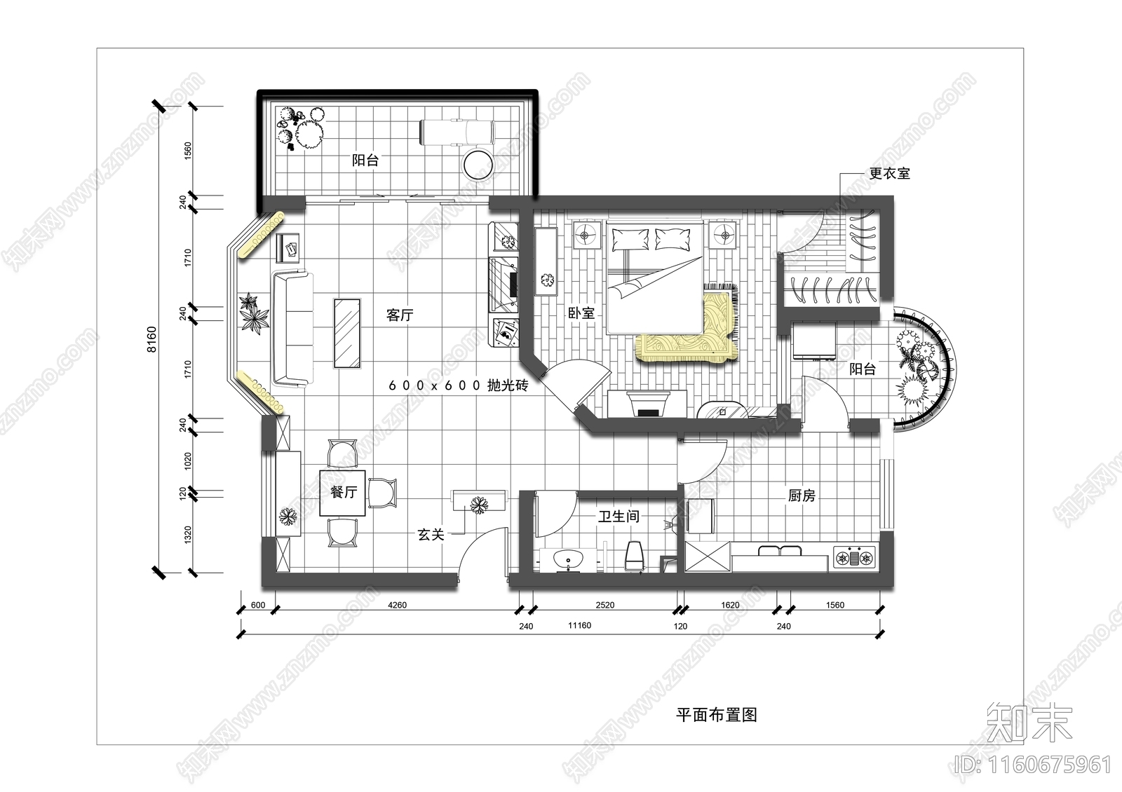 独居公寓平面图cad施工图下载【ID:1160675961】