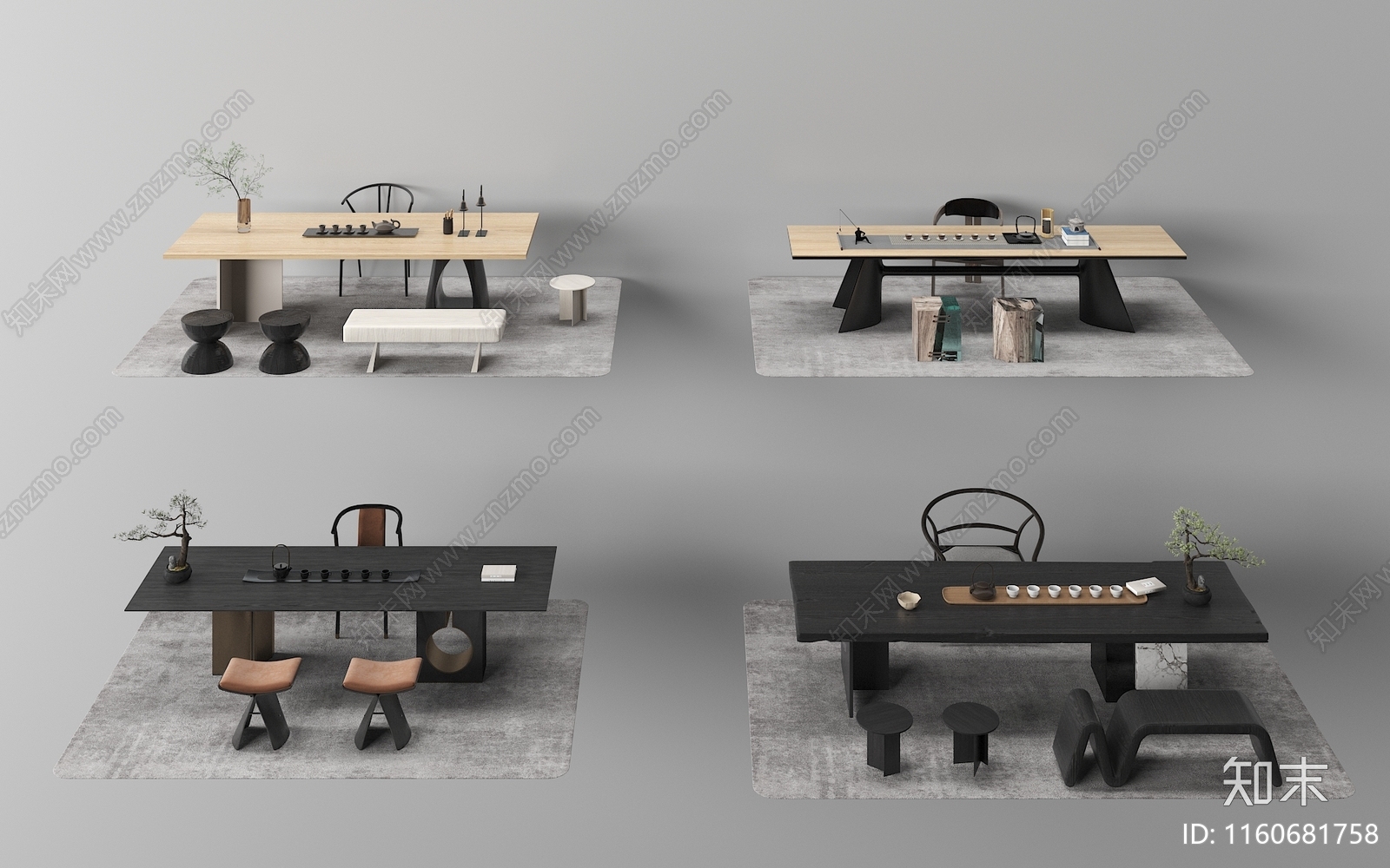 新中式茶桌椅组合3D模型下载【ID:1160681758】