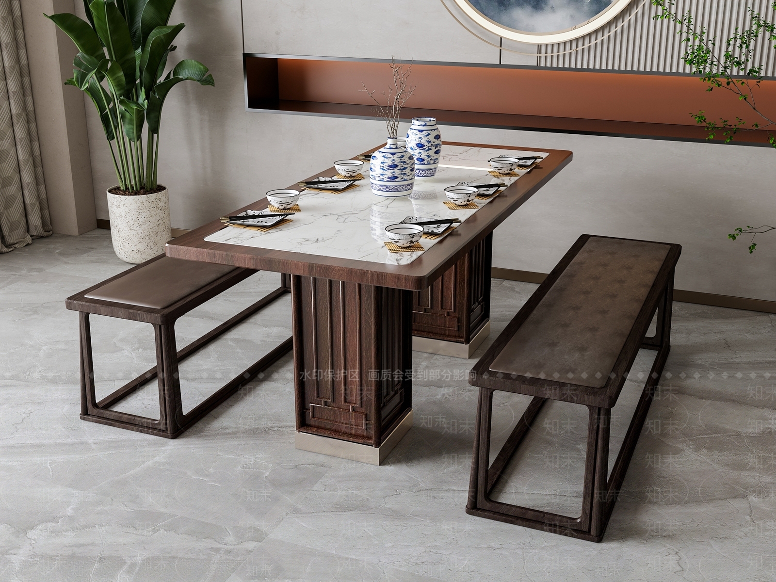 新中式餐桌凳组合3D模型下载【ID:1160683415】