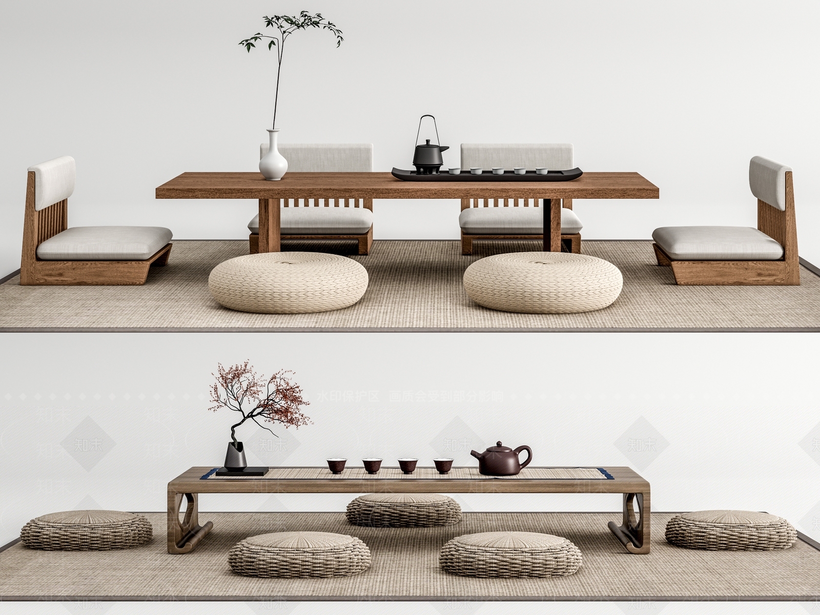 日式榻榻米茶桌椅3D模型下载【ID:1160686851】