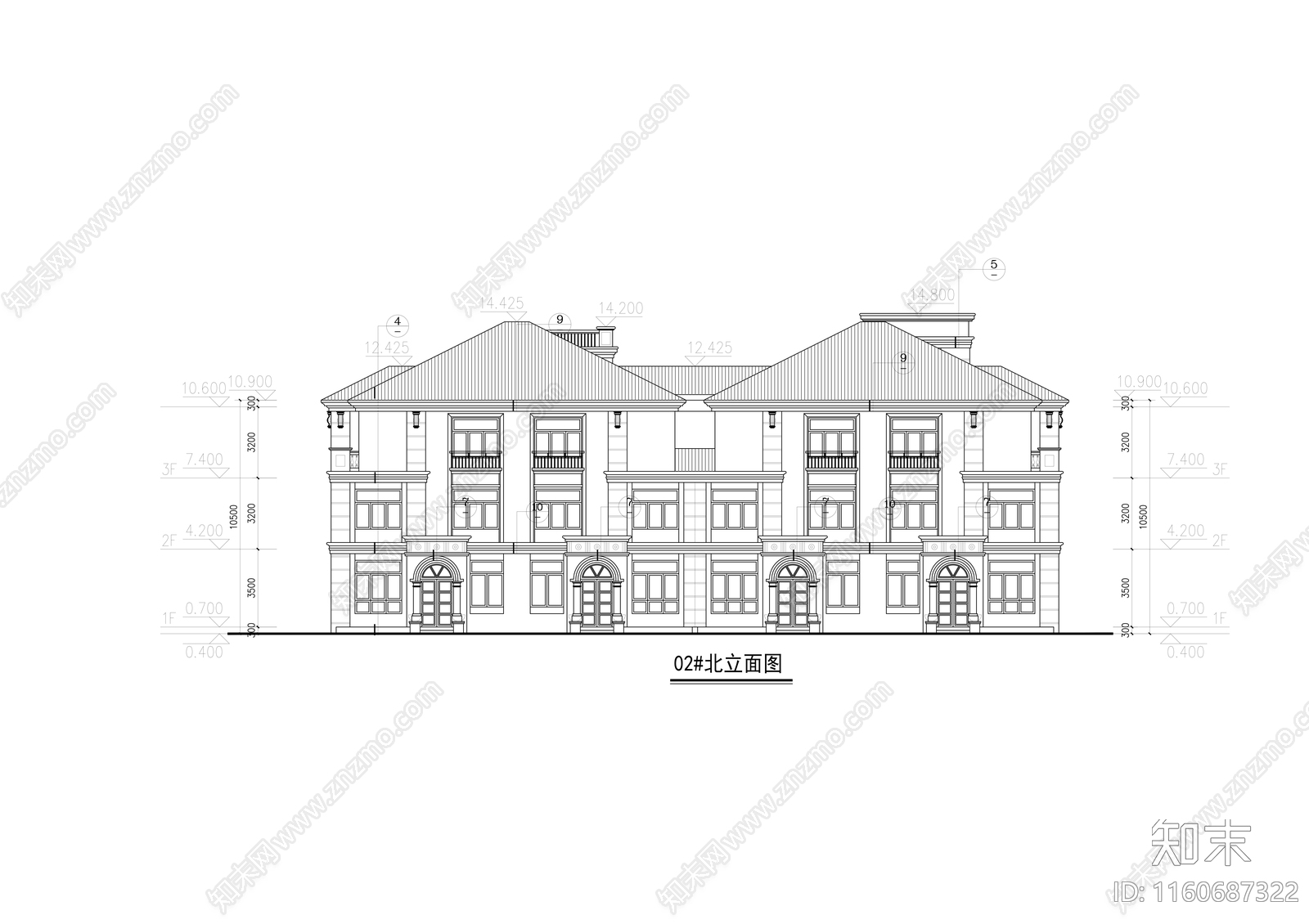 3层325平西班牙风格联排别墅建筑设cad施工图下载【ID:1160687322】