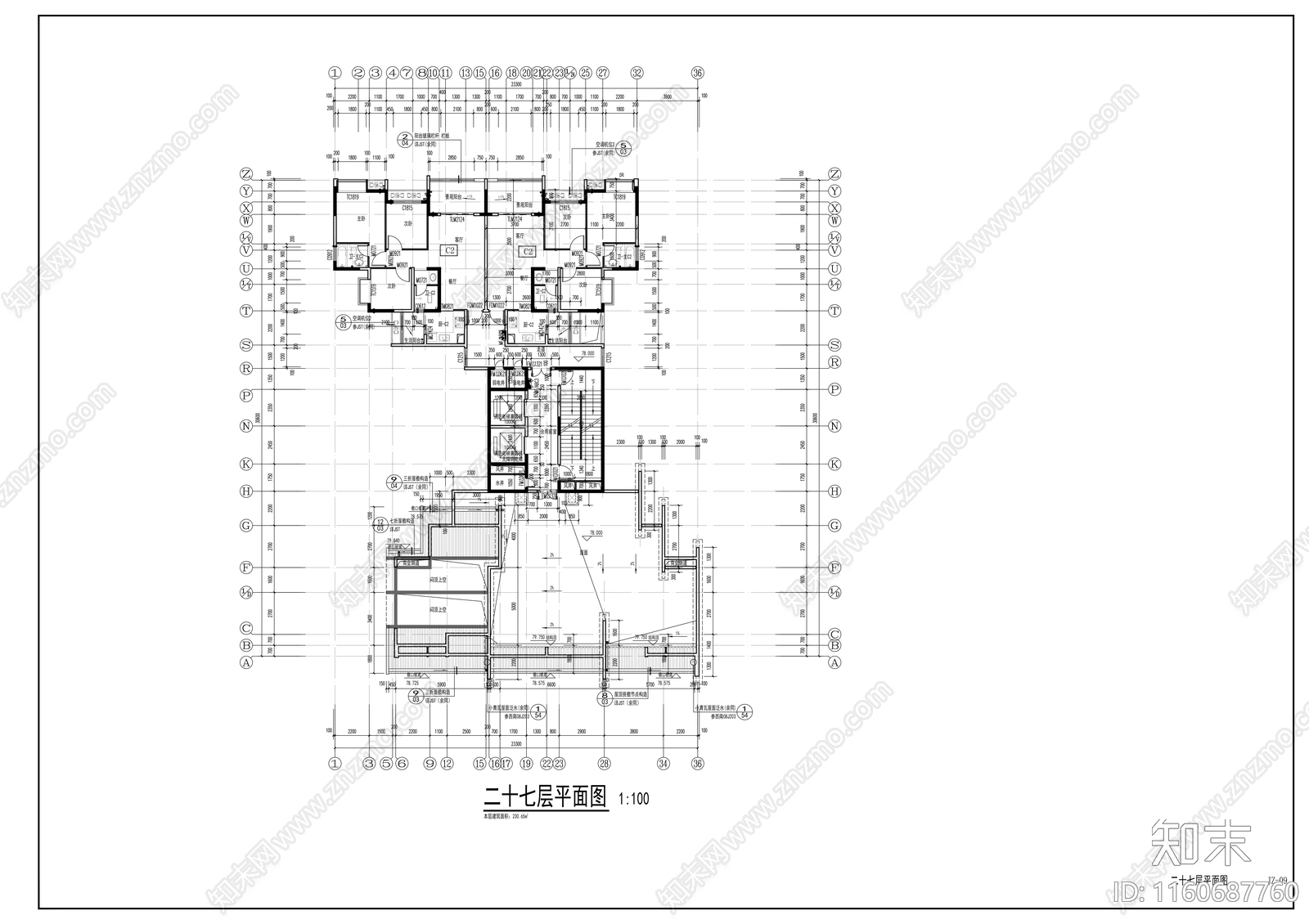 28层现代风格住宅楼及单体建筑设cad施工图下载【ID:1160687760】