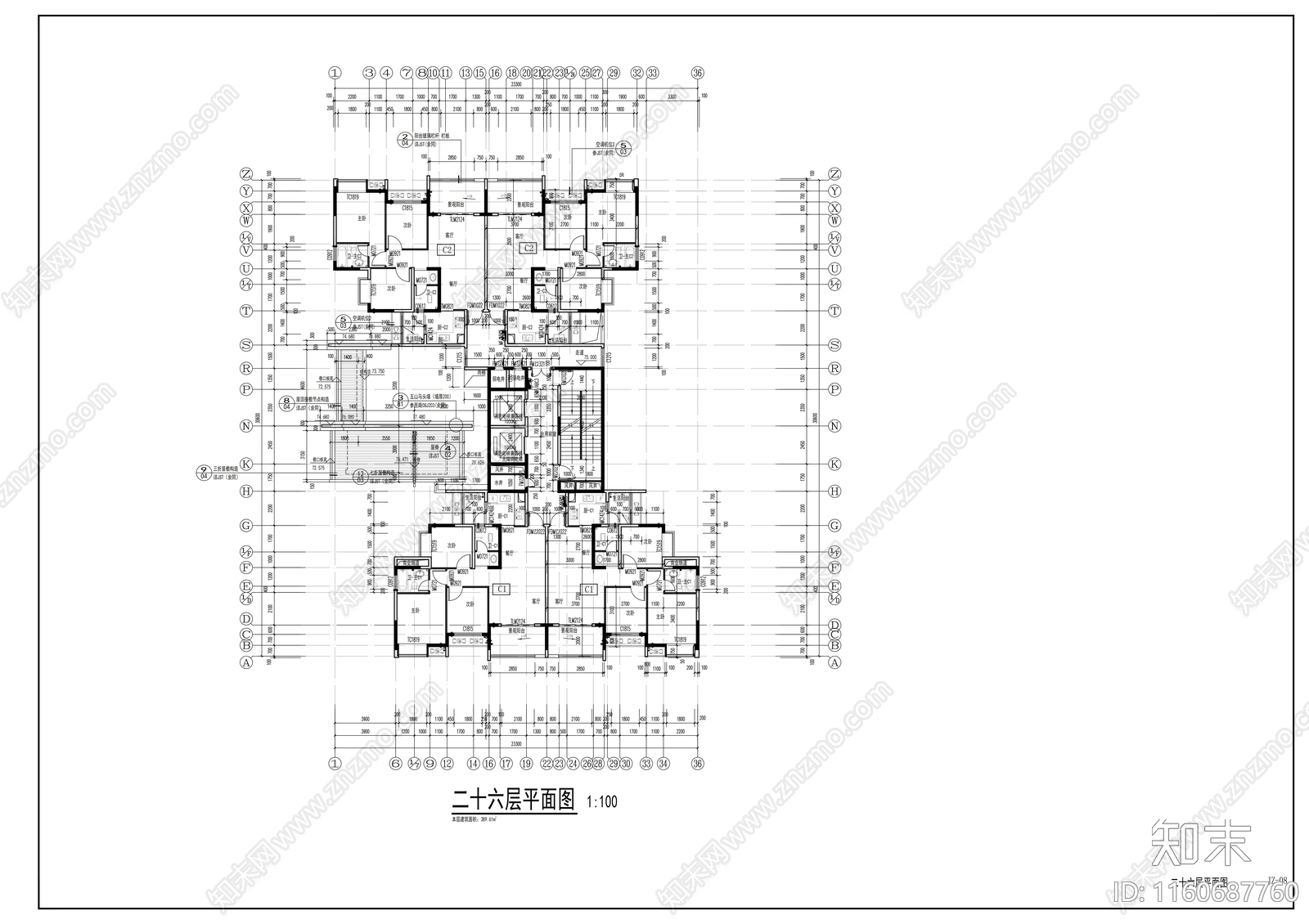 28层现代风格住宅楼及单体建筑设cad施工图下载【ID:1160687760】