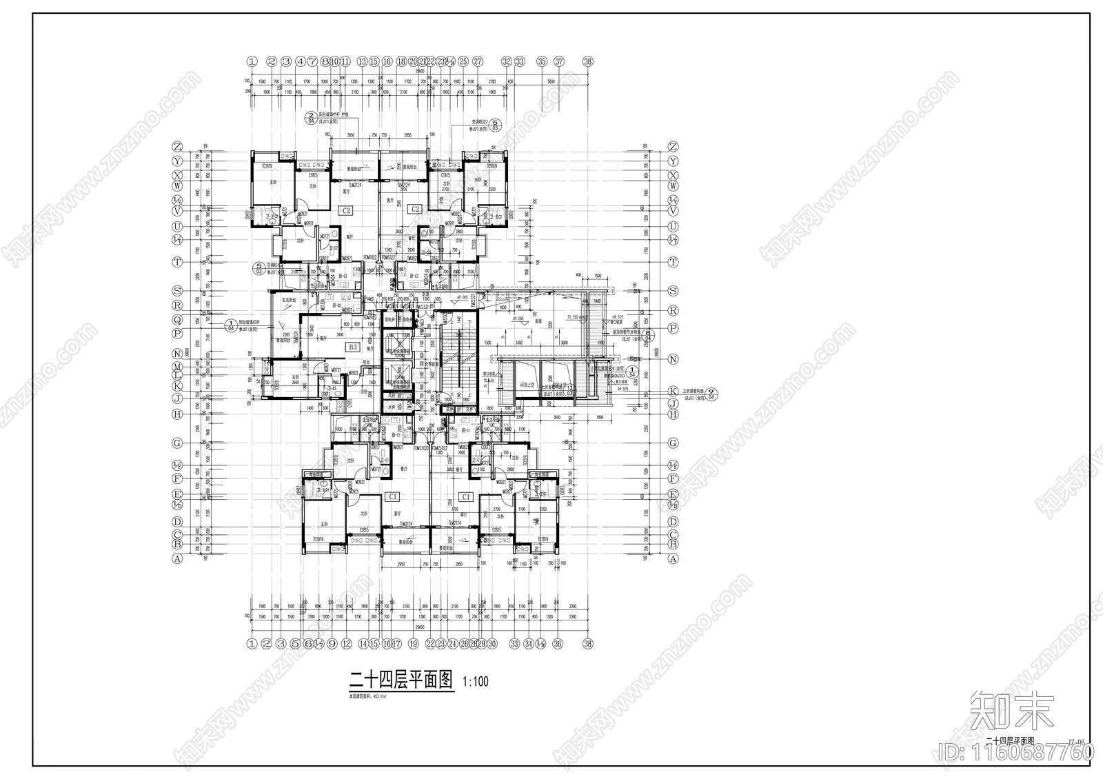 28层现代风格住宅楼及单体建筑设cad施工图下载【ID:1160687760】