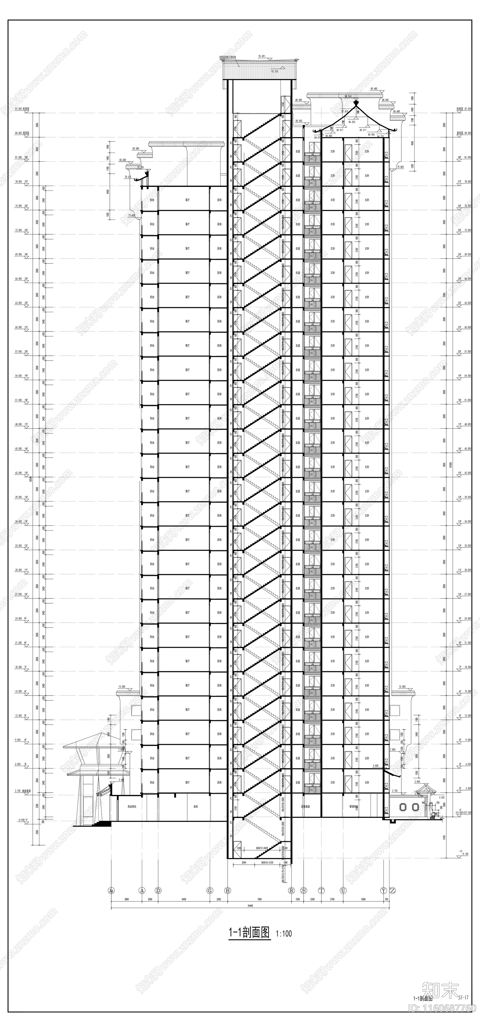 28层现代风格住宅楼及单体建筑设cad施工图下载【ID:1160687760】