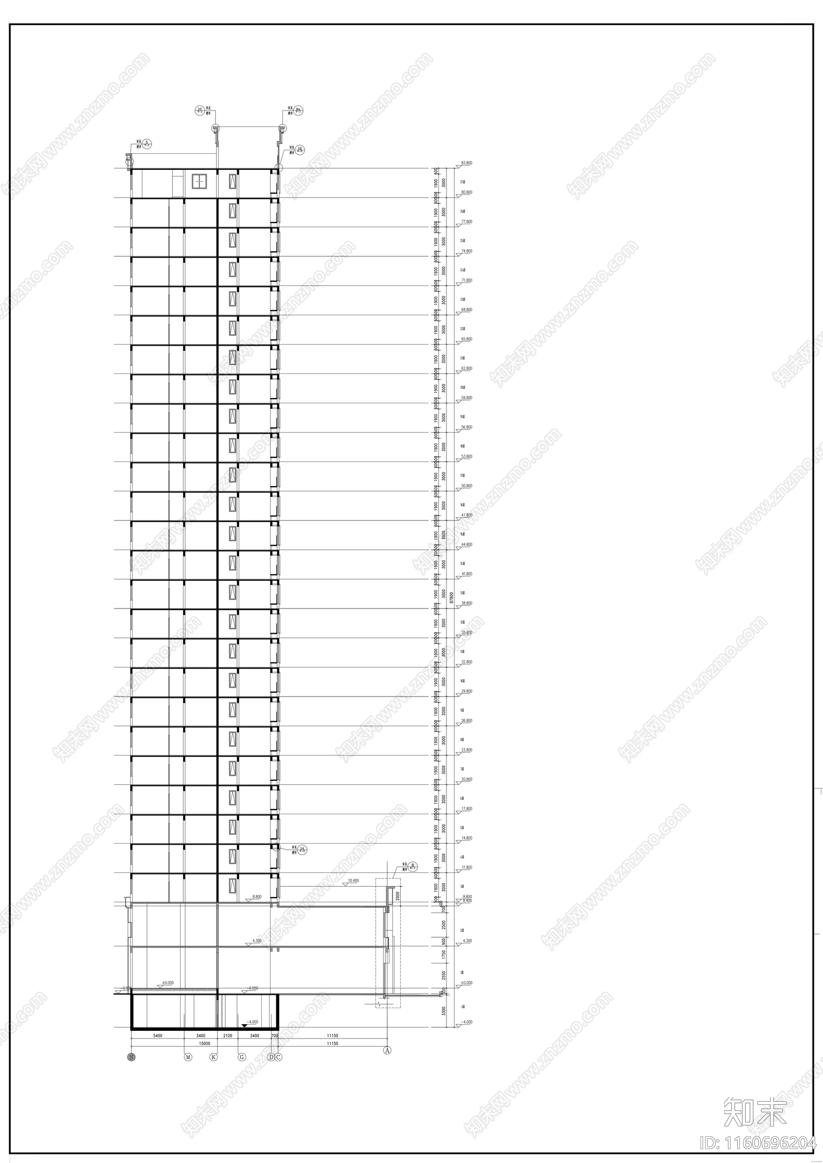 居住区二十八层商住楼建cad施工图下载【ID:1160696204】