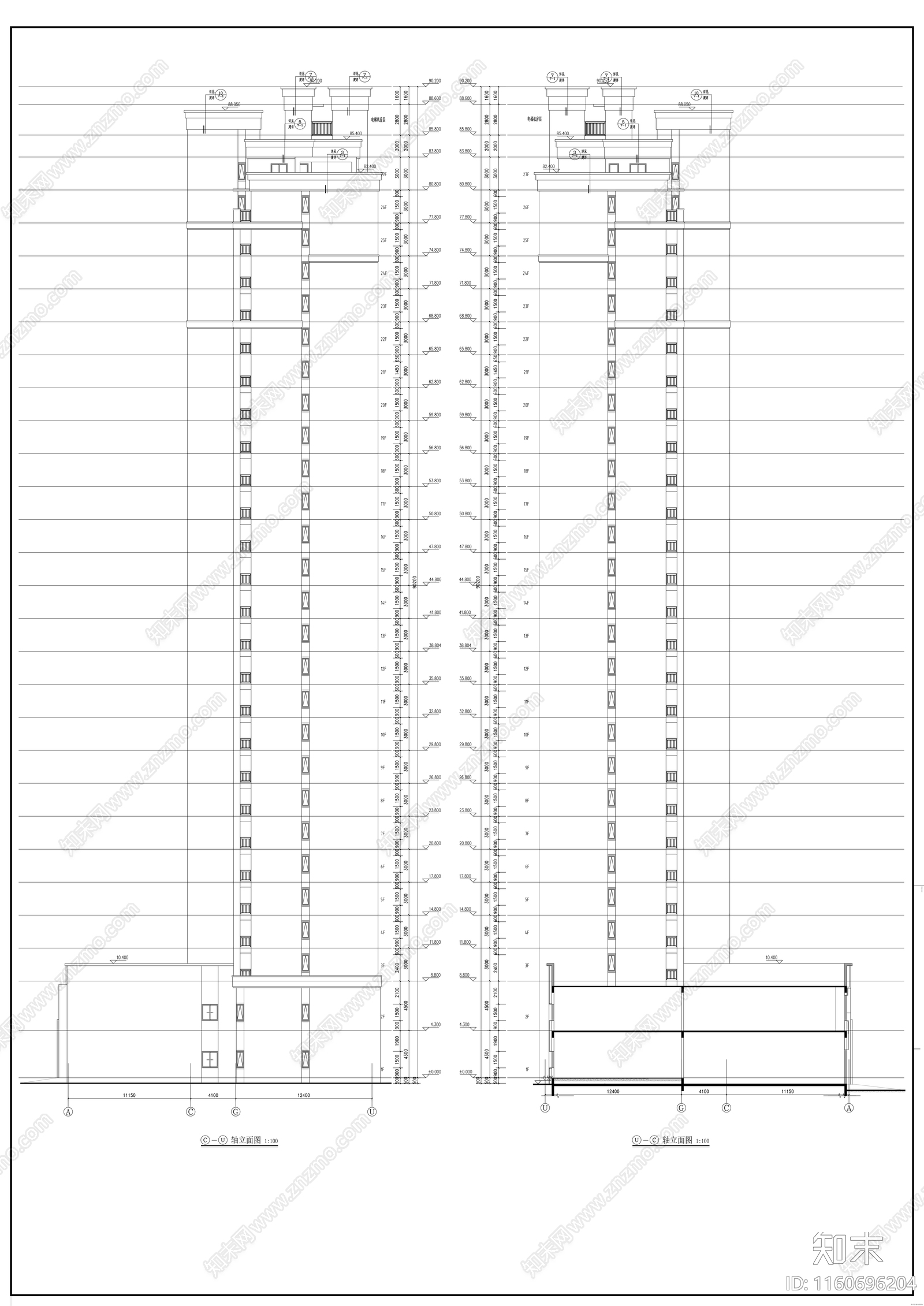 居住区二十八层商住楼建cad施工图下载【ID:1160696204】