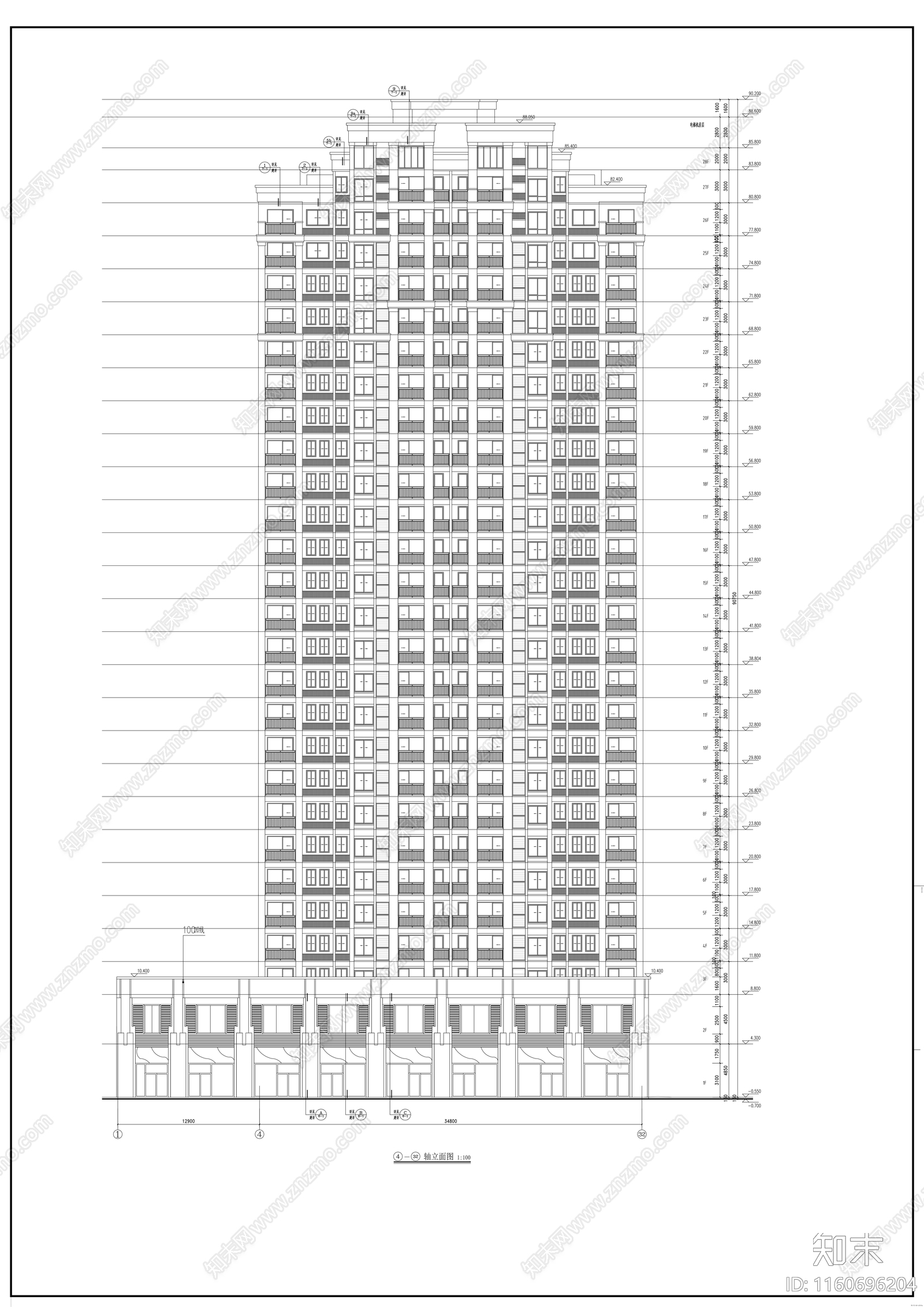 居住区二十八层商住楼建cad施工图下载【ID:1160696204】