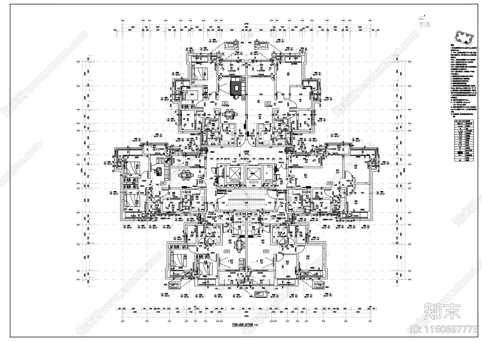 塔式简欧式高层住宅建筑图纸cad施工图下载【ID:1160697775】