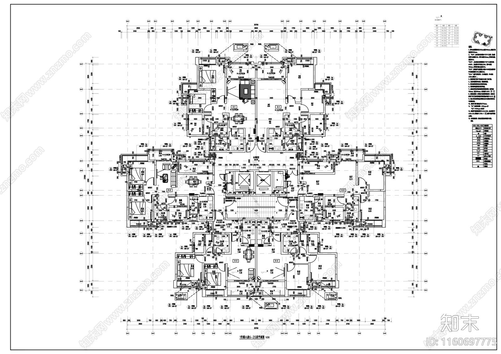 塔式简欧式高层住宅建筑图纸cad施工图下载【ID:1160697775】