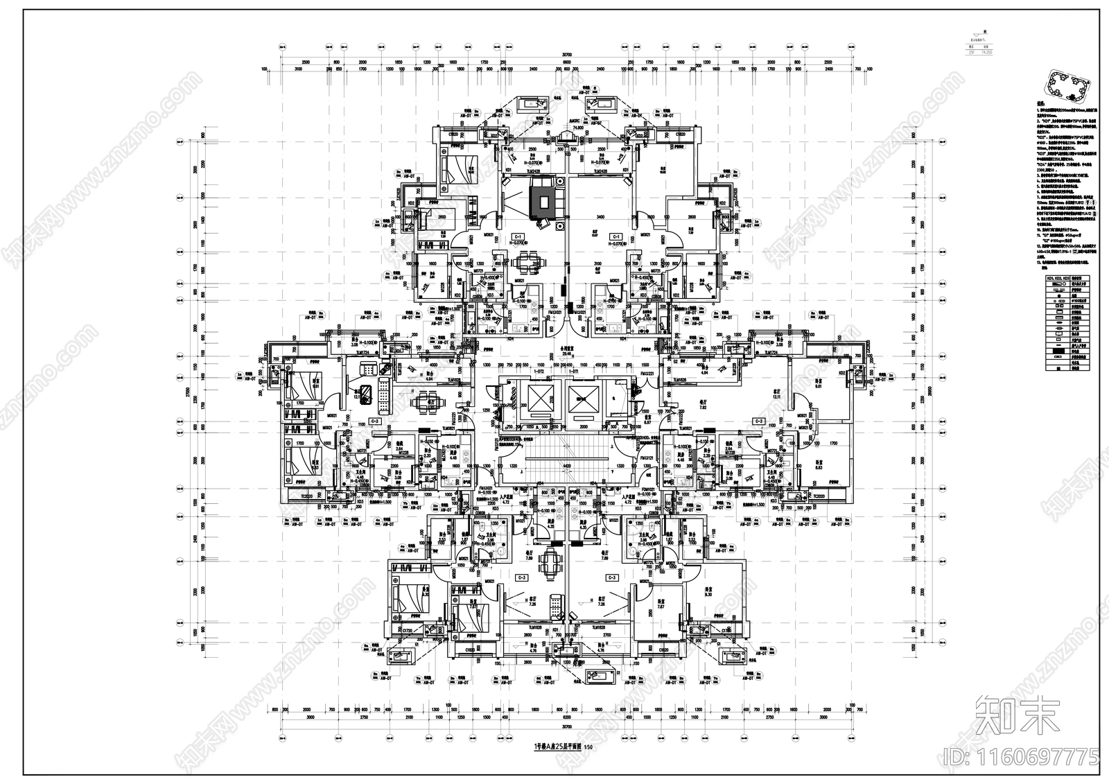 塔式简欧式高层住宅建筑图纸cad施工图下载【ID:1160697775】