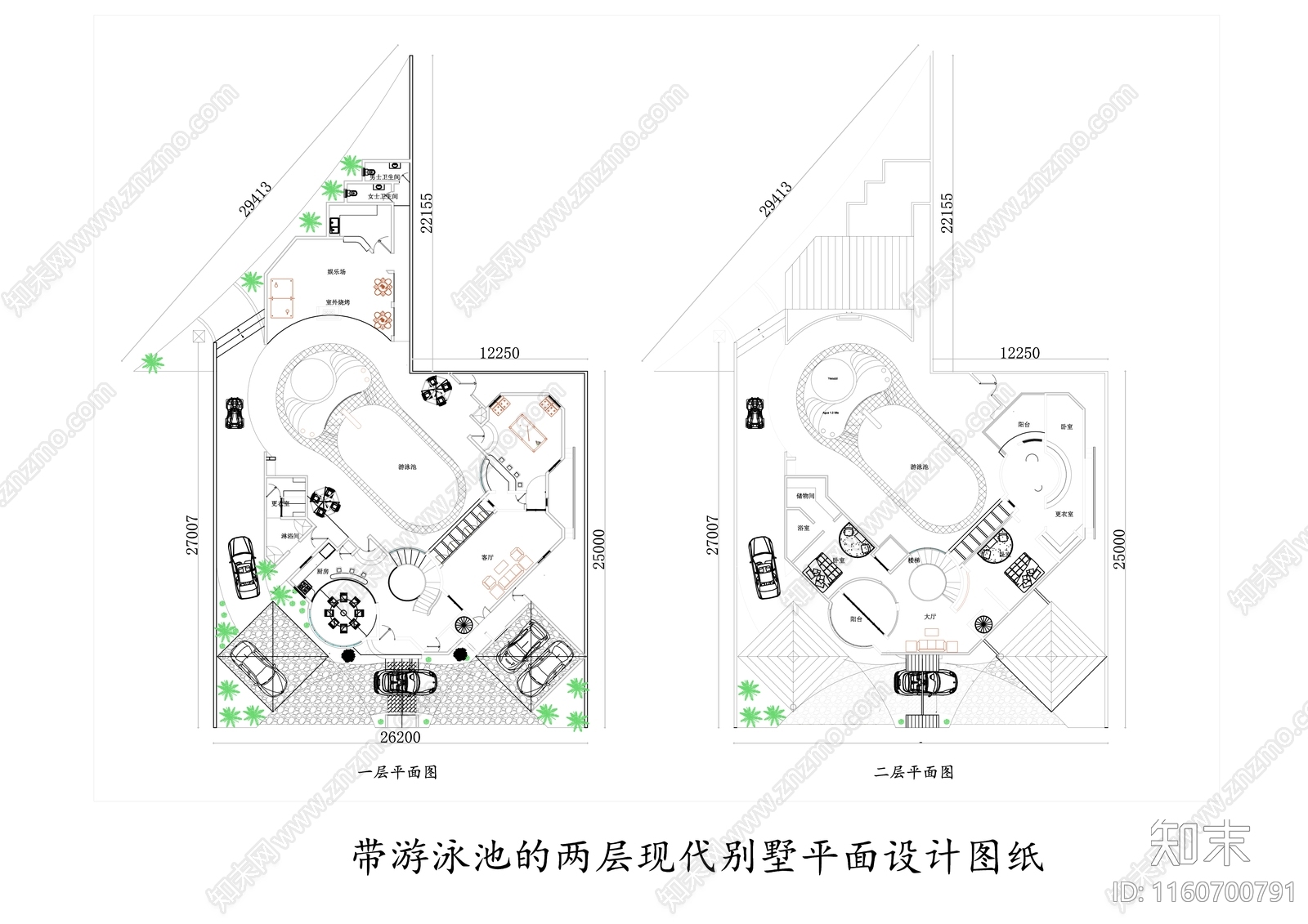 带游泳池的两层现代别墅平面设计图纸施工图下载【ID:1160700791】