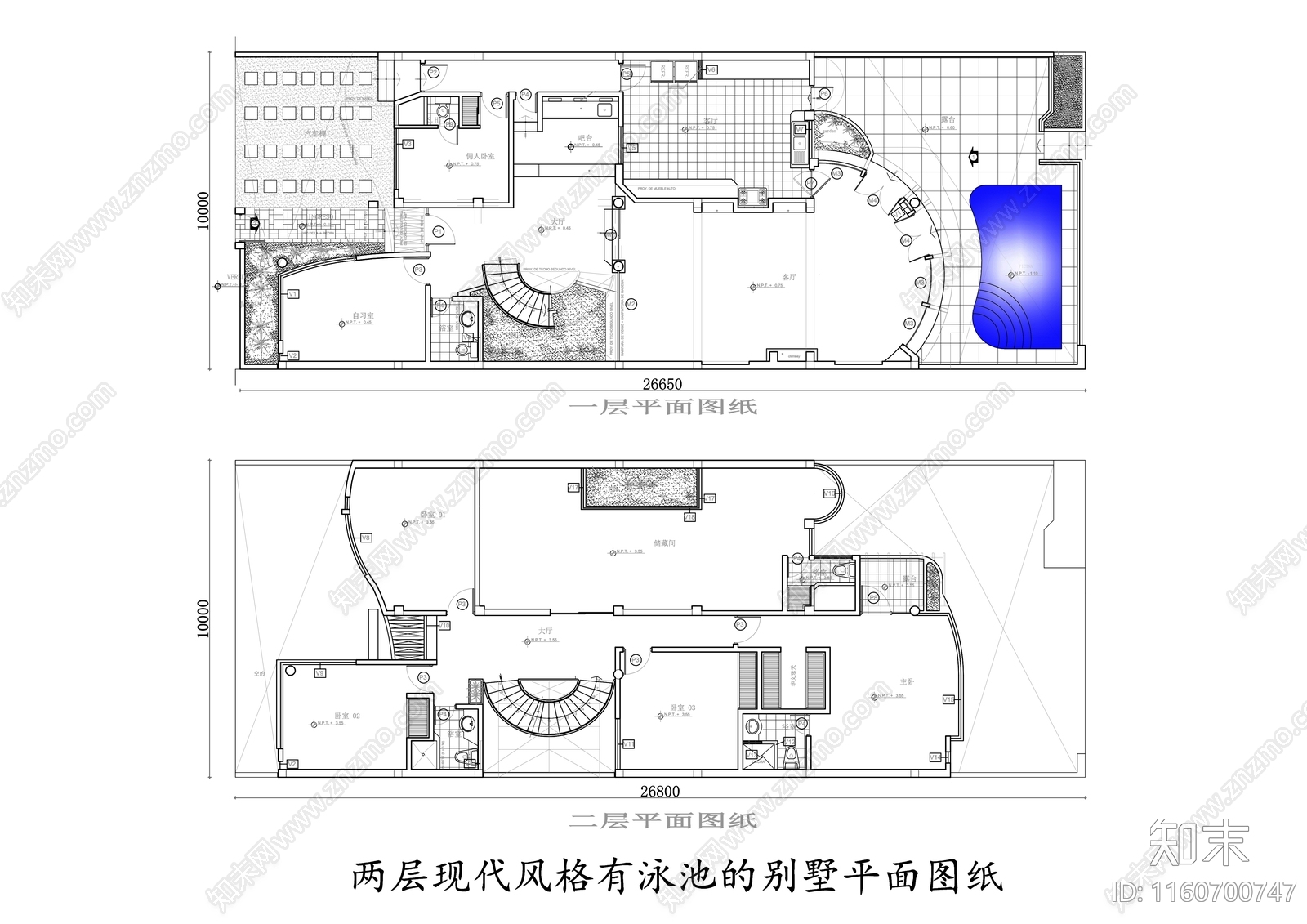 两层现代风格有泳池的别墅庭院平面图纸施工图下载【ID:1160700747】