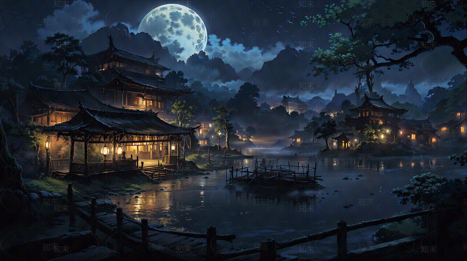 大美国风中式建筑夜晚场景图贴图下载【ID:1160712526】