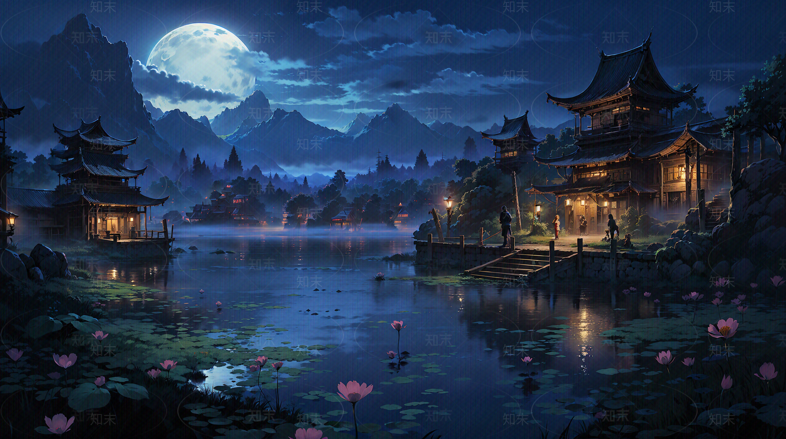 大美国风中式建筑夜晚场景图贴图下载【ID:1160715206】