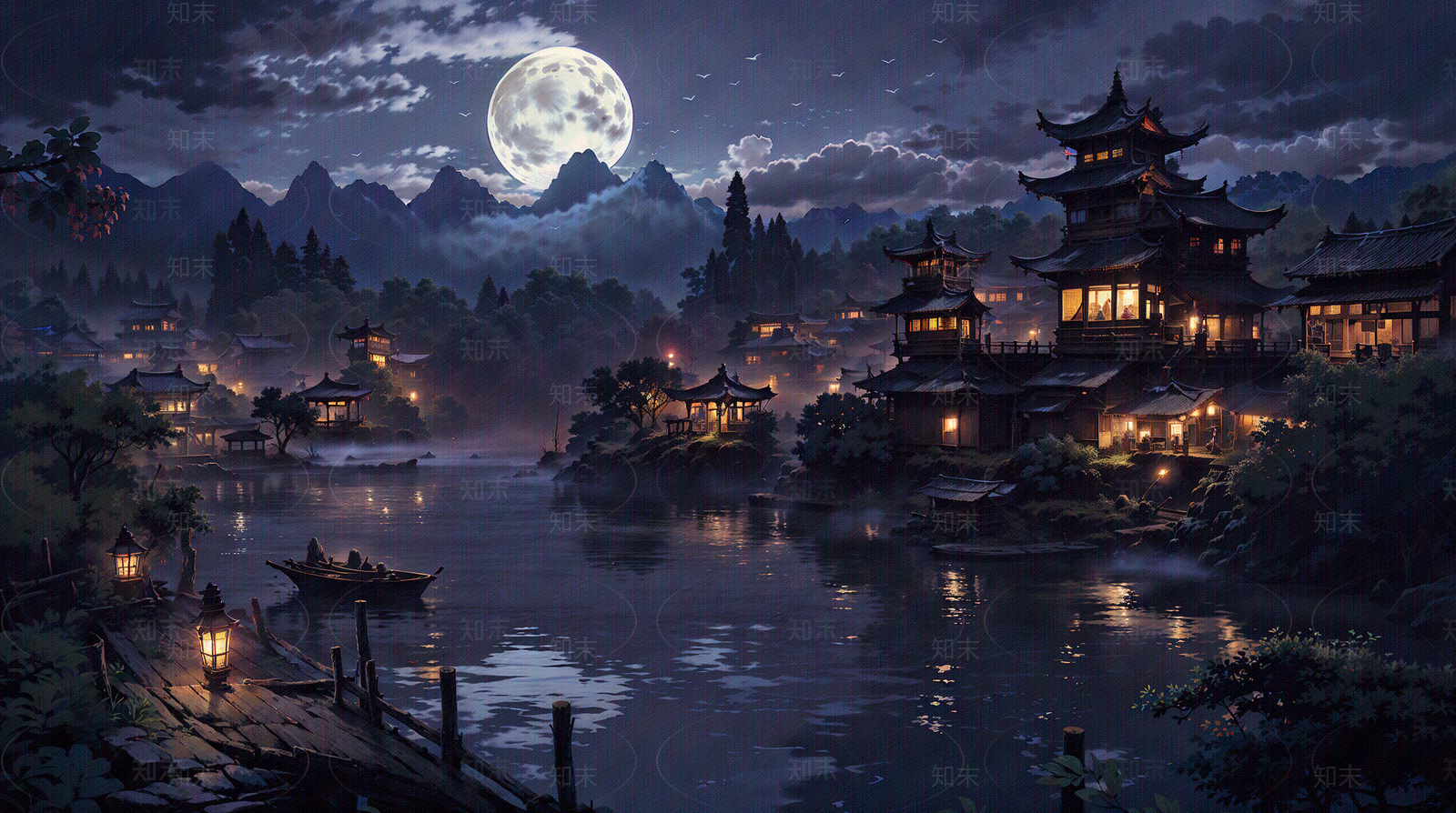 大美国风中式建筑夜晚场景图贴图下载【ID:1160718419】