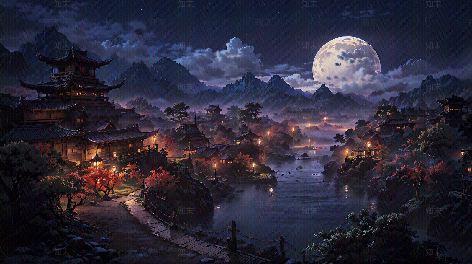 大美国风中式建筑夜晚场景图贴图下载【ID:1160719353】