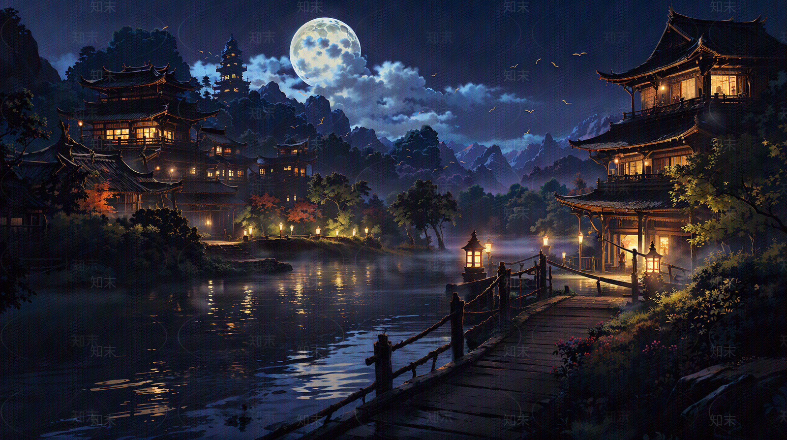 大美国风中式建筑夜晚场景图贴图下载【ID:1160719736】