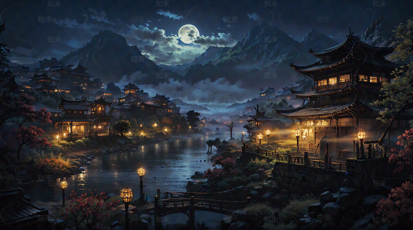 大美国风中式建筑夜晚场景图贴图下载【ID:1160719854】