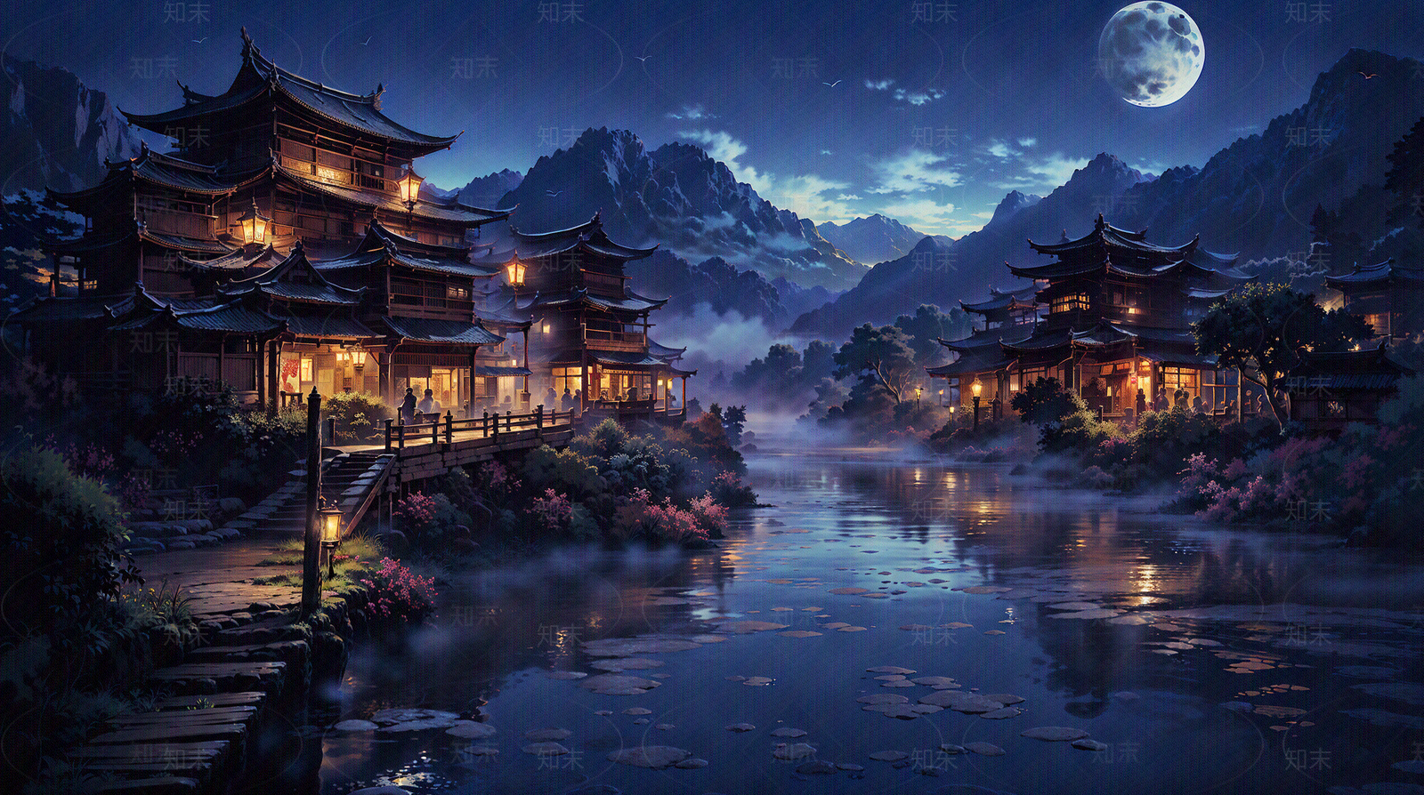 大美国风中式建筑夜晚场景图贴图下载【ID:1160720159】