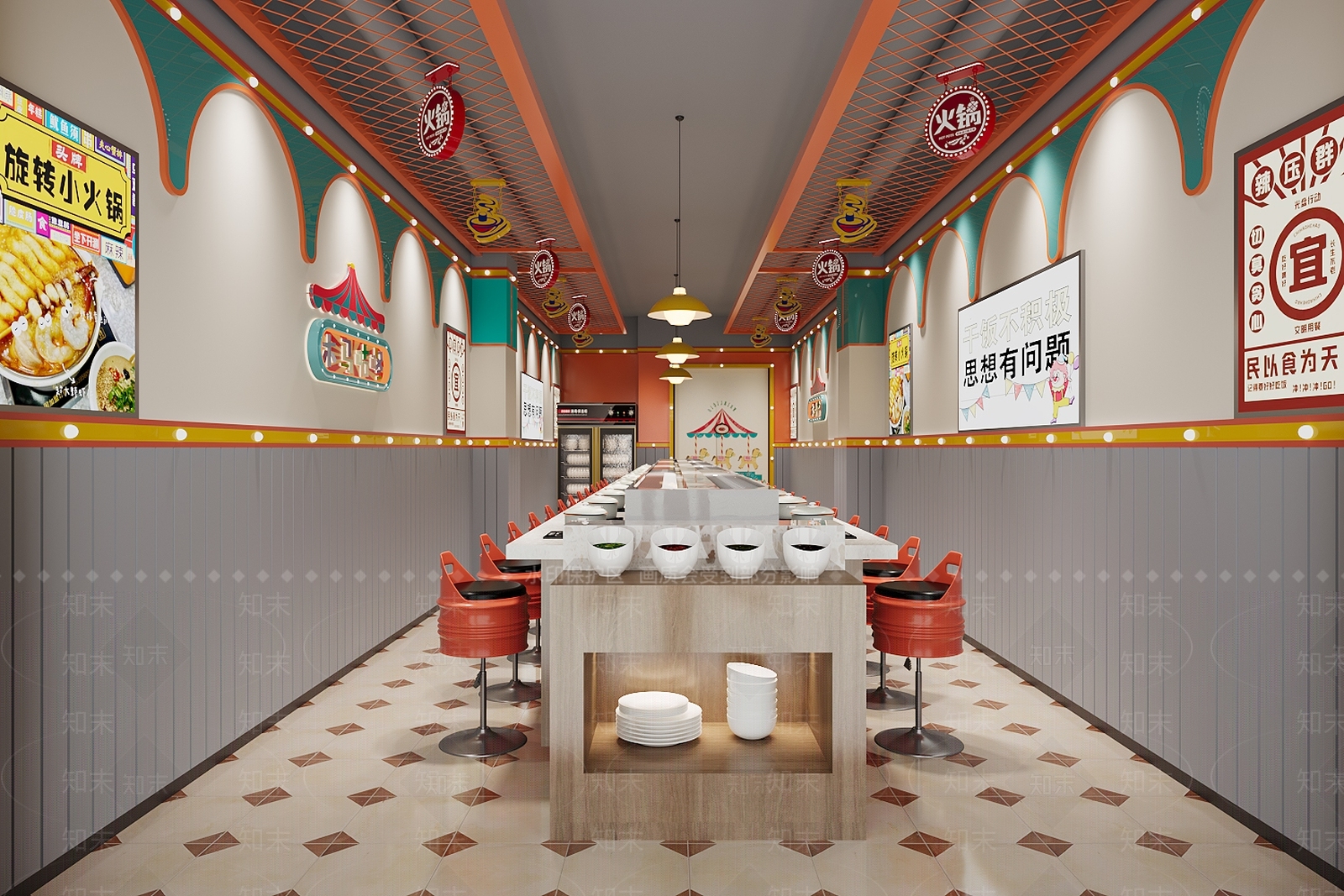 现代主题旋转小火锅自助快餐店3D模型下载【ID:1160722050】