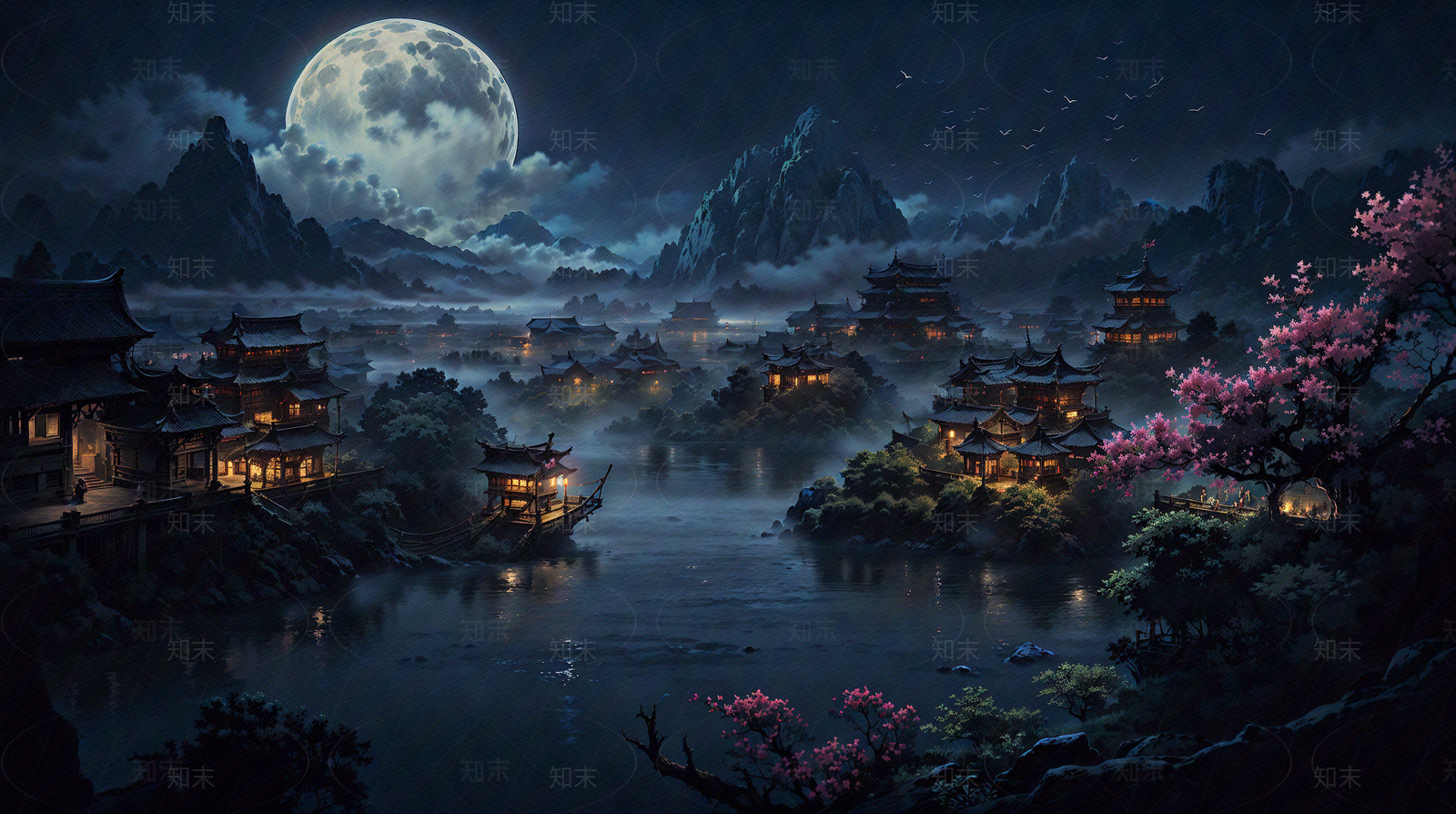 大美国风中式建筑夜晚场景图贴图下载【ID:1160724585】